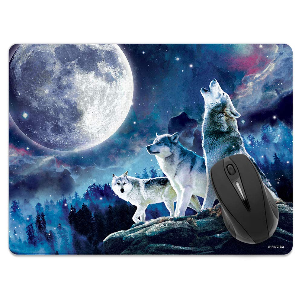 Extra Large (X-Large) Size Non-Slip Rectangle Mousepad, FINCIBO Wolf Pack Moon Mouse Pad for Home, Office and Gaming Desk