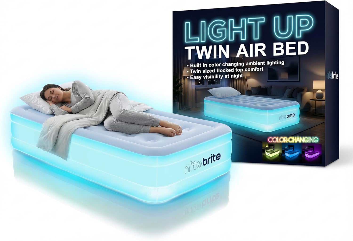 AirCandy Nite Brite Twin Inflatable Air Mattress with LED Lights – 15” Raised Blow Up Bed, USB Powered Color-Changing Glow, Flocked Top, Guest & Sleepover Bed