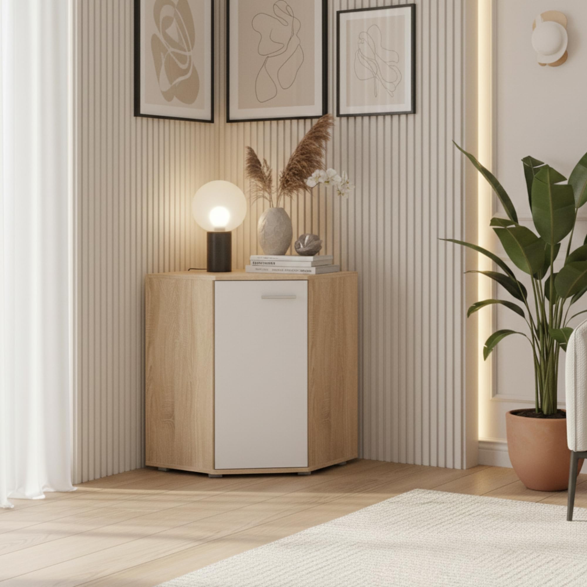 Komodee Commoda FAUSKE - Spaziosa - Angolare - Rovere Sonoma - Bianco - Larghezza 58 cm, Altezza 74 cm, Profondità 58 cm
