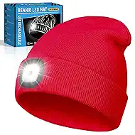 Christmas Stocking Stuffers for Men Adults, Beanie Hats with Light, USB Rechargeable LED Hand Free Headlamp, Birthday Gifts for Men, Women, and Teens, Ideal for Camping, Hiking, Red