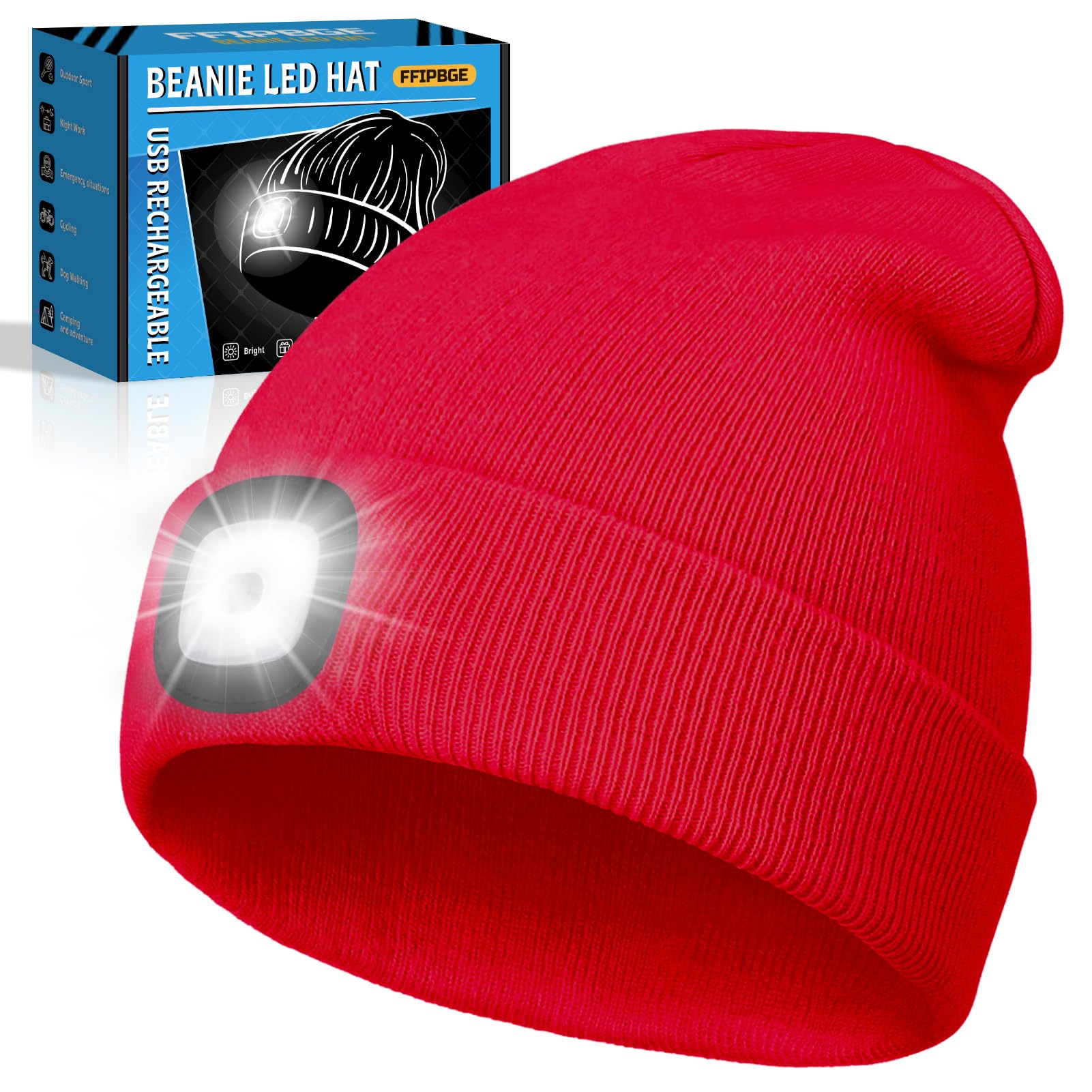 Christmas Stocking Stuffers for Men Adults, Beanie Hats with Light, USB Rechargeable LED Hand Free Headlamp, Birthday Gifts for Men, Women, and Teens, Ideal for Camping, Hiking, Red