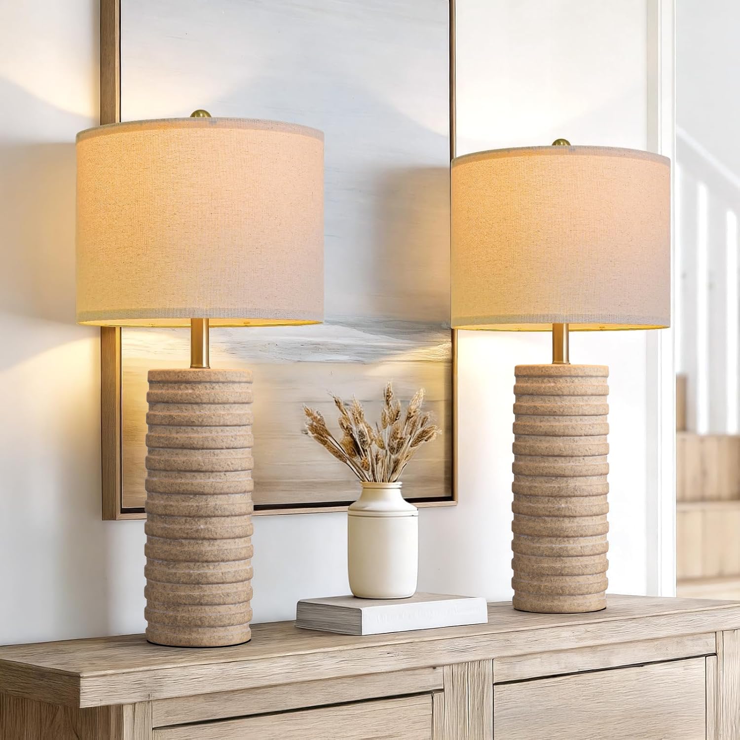 PoKat 27'' Farmhouse Table Lamps Set of 2 for Living Room, Stone-Like 27'' Tall - Antique Beige
