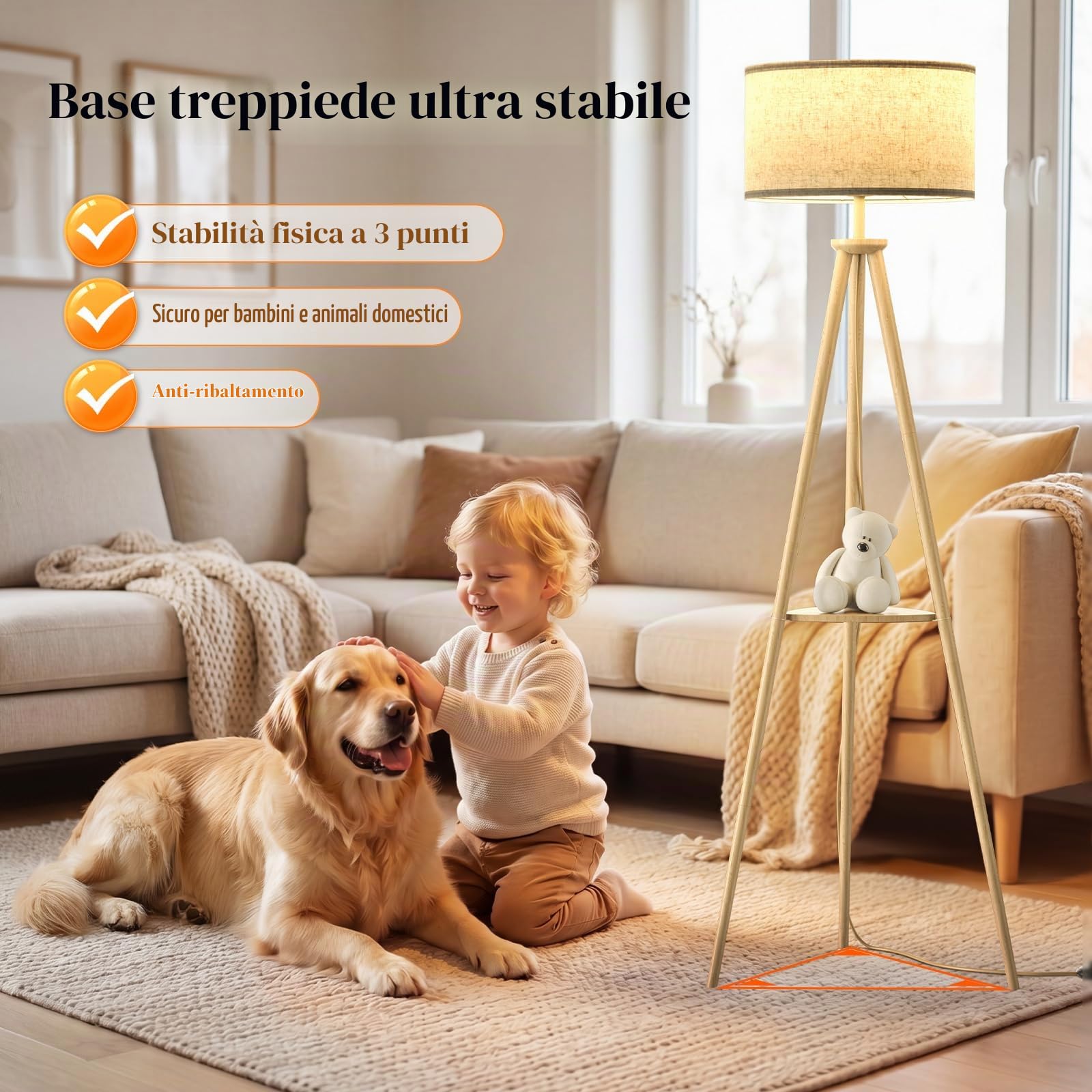 Lampada da Terra ad Treppiede LED con Ripiani Portaoggetti - 12W Piantana da Lettura Solido Regolabile con Telecomando & LED E27 per Soggiorno, Camera da Letto, Marrone Chiaro - Mensola Triangolare