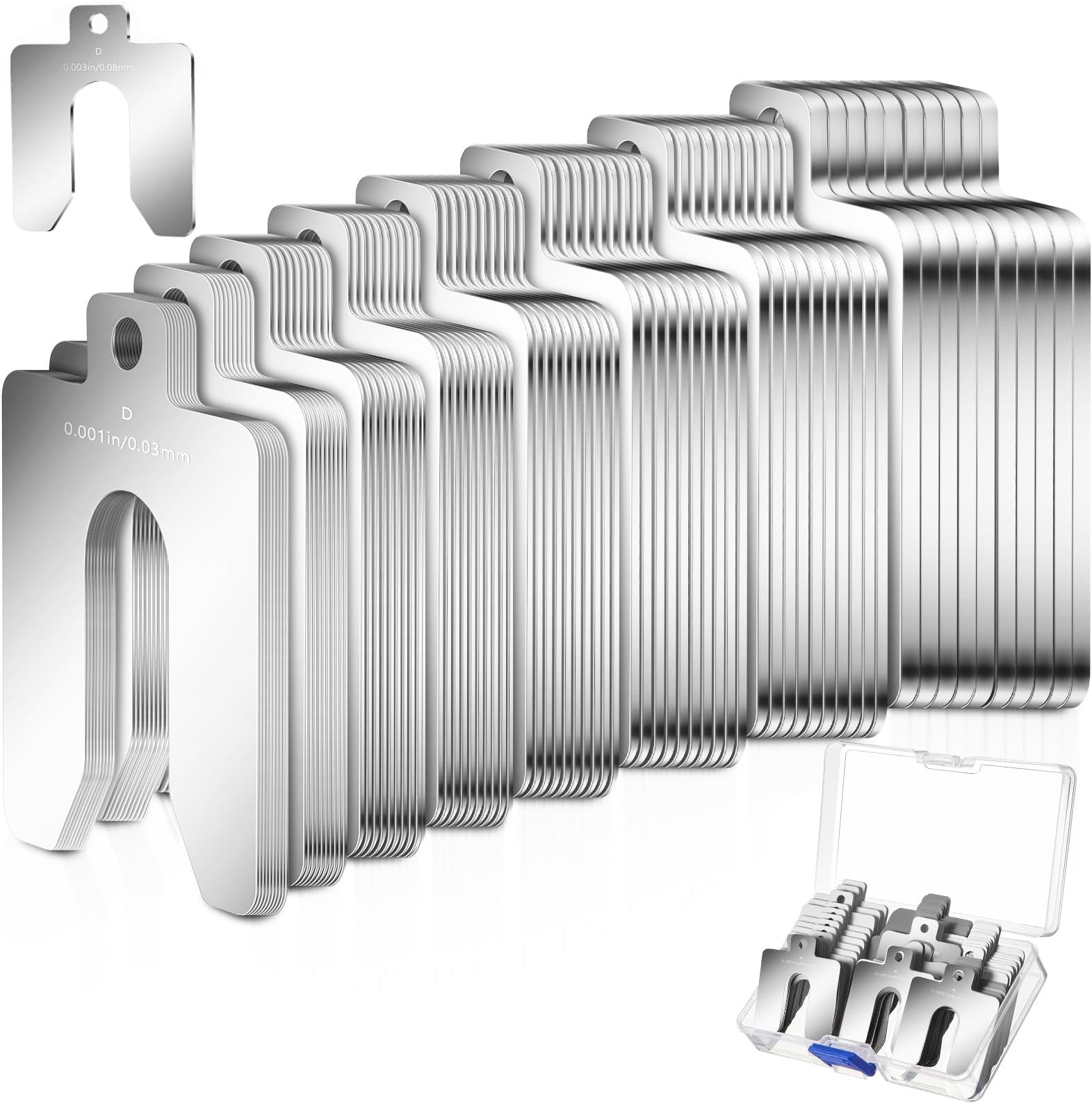 Shimeyao Shim Kit Stainless Steel Slotted Shim with Transparent Storage Box Assortment Metal Shims for Leveling Shop Kit Replacement Pack (80 Pcs, Size D 5" X 5")