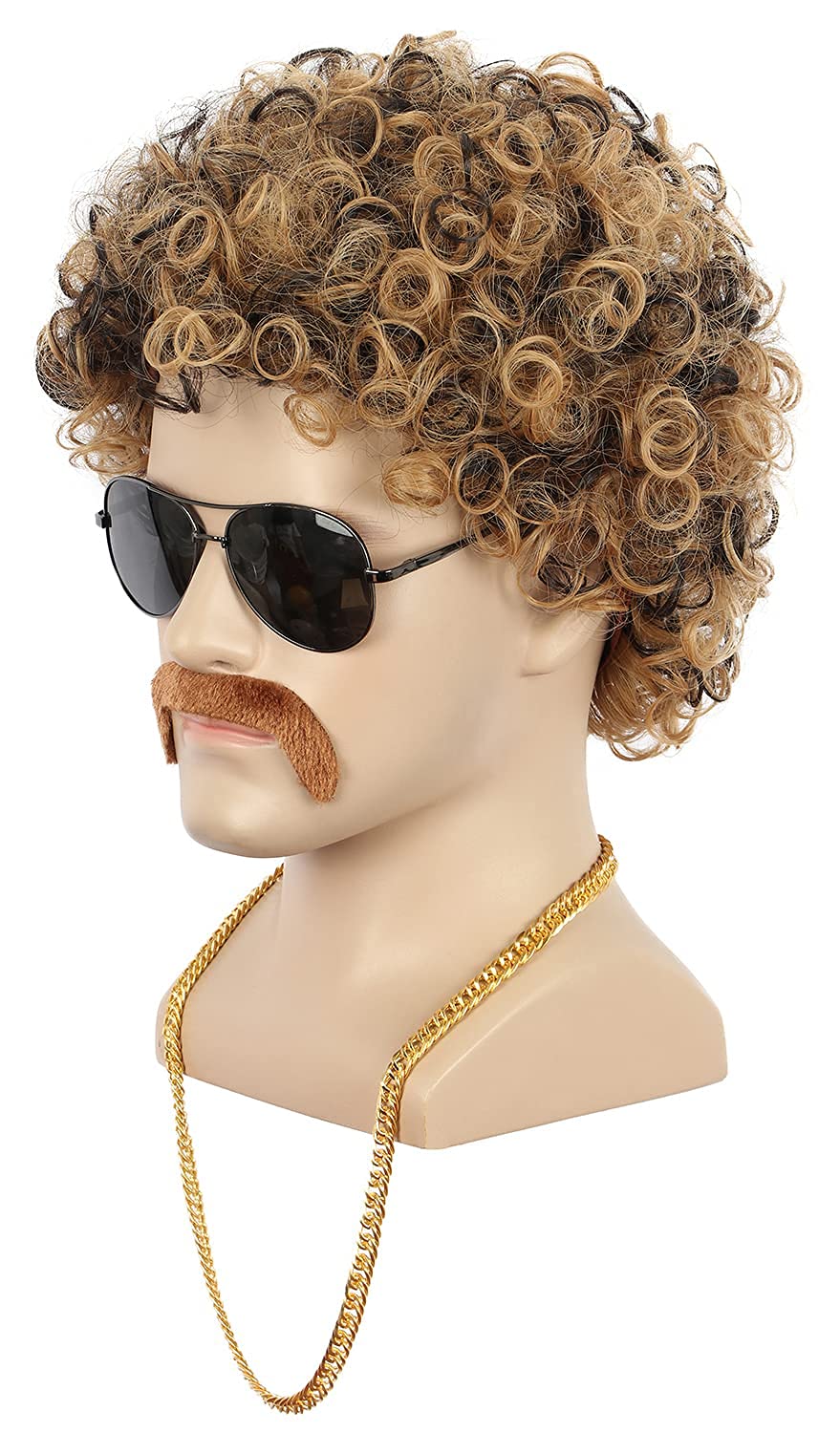 Yuehong Men Short Curly Brown Wig 70s 80s Afro Disco Hair with Mustache Necklace Set Heat Resistant Synthetic Fibers Party Fashion Wig - Image 3