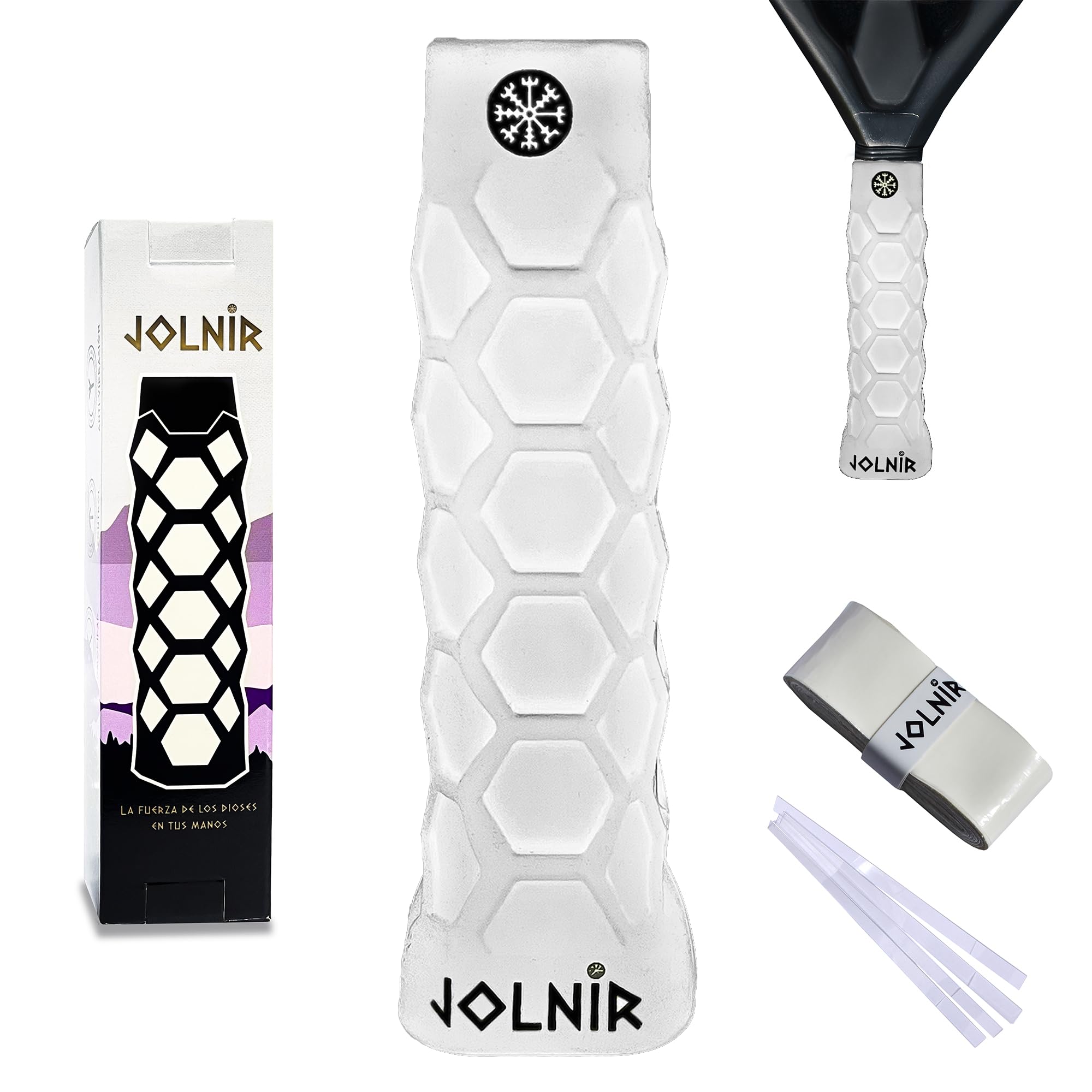 Jolnir Grip Padel Premium Blanco - Set Completo con un Grip/Mango de Padel y un overgrip - Overgrips Padél Antideslizante y Cómodo