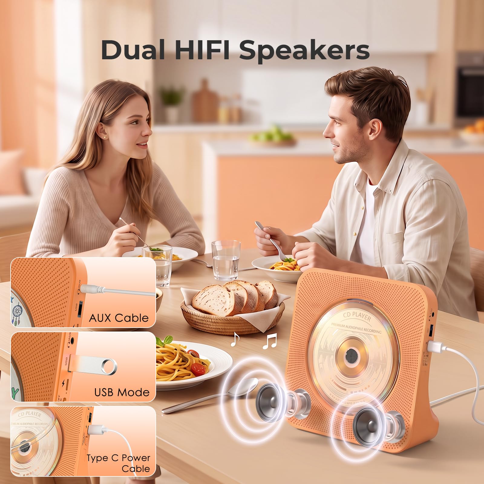Lecteur CD Bluetooth 5.0 avec Haut-parleurs, Radio Orange
