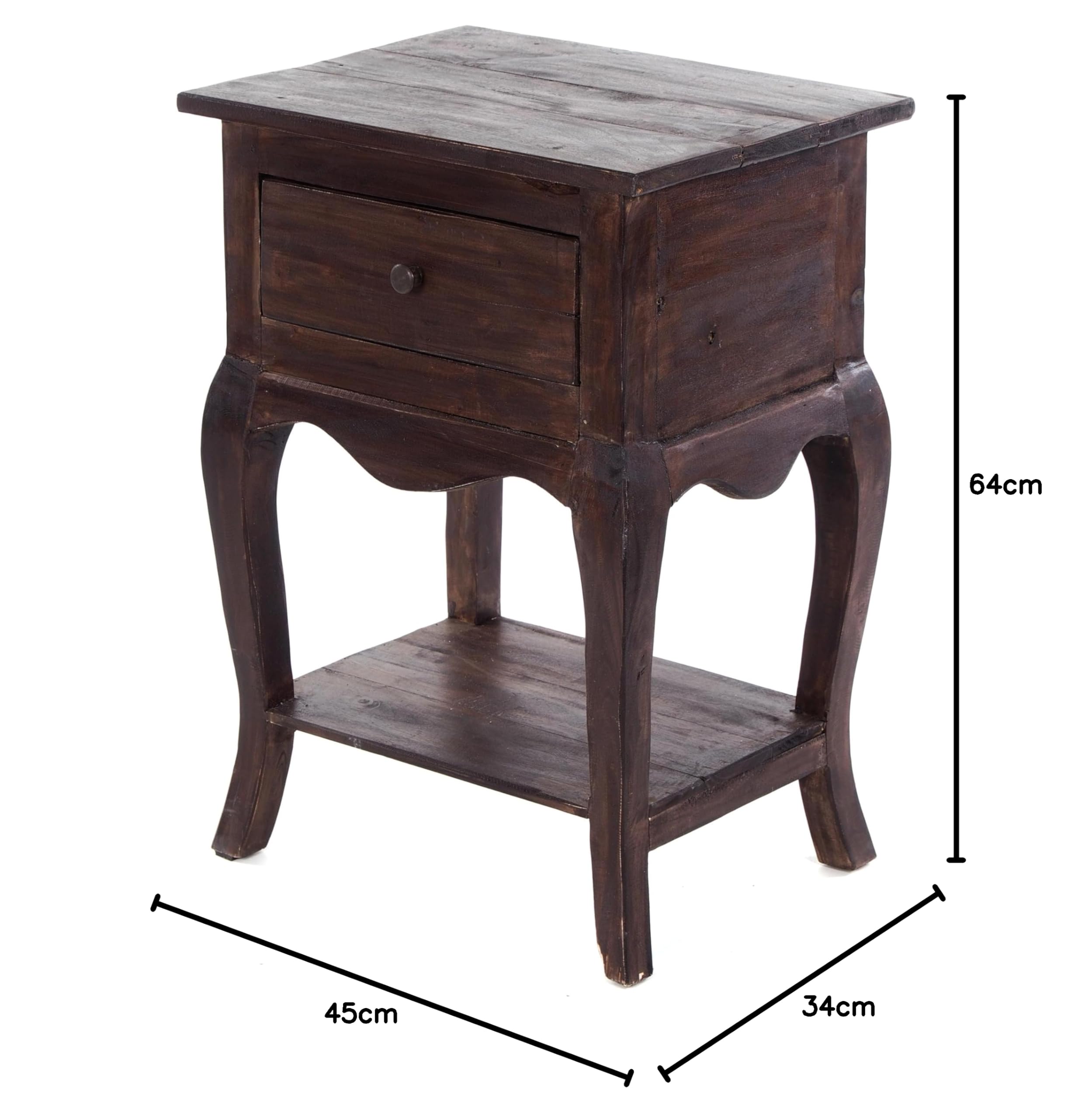 Design Delights Napoleon - Tavolino in Legno Riciclato, con cassetto, 64 x 45 x 34 cm, Marrone Scuro,Comodino
