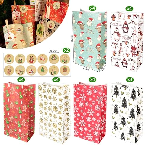24 Pack 6 Styles Christmas Paper Bags Gift Bags with 24pcs Cute Stickers, Candy Bags, Flat Bottom Party Bags, Goodies Sweets Treat Bags for Xmas Party, Birthday, Classroom (colorful) Cover