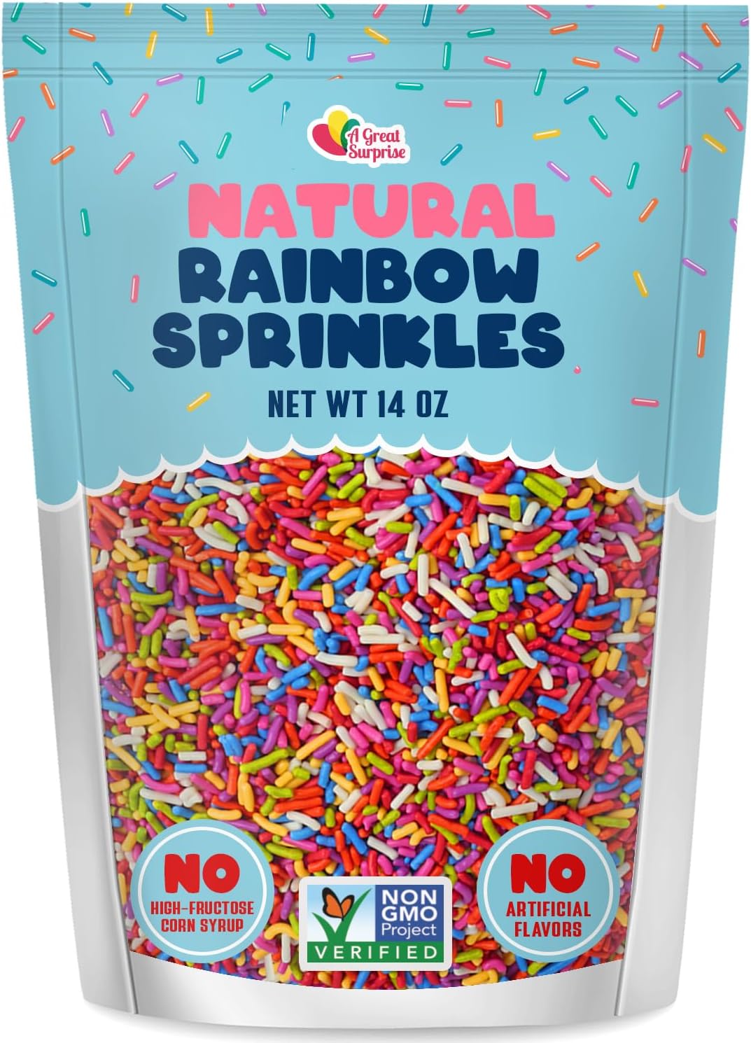 Bulk A Great Surprise Dye Free Rainbow Sprinkles - 14 Ounces - Naturally Colored Rainbow Jimmies - Vegan, Non-GMO Dessert Toppings for Ice Cream, Cookies, Cupcakes, Cake Decorating