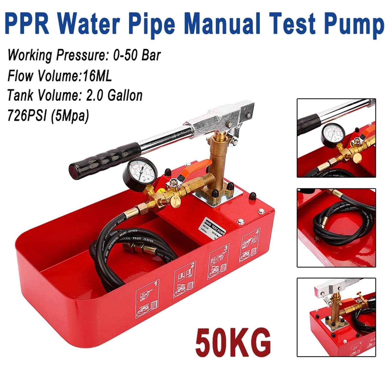 Bomba de Prueba, Prueba De Presión Manual Hidráulica Del Probador 5MPa La Bomba Hidrostática | Para Instalación Tuberías Agua PPR