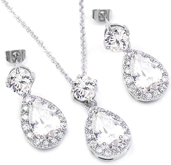 FC JORY Silver White Gold GP Multi-color Crystal Teardrop Necklace Earrings fashion jewelry sets Valentines Day Gifts