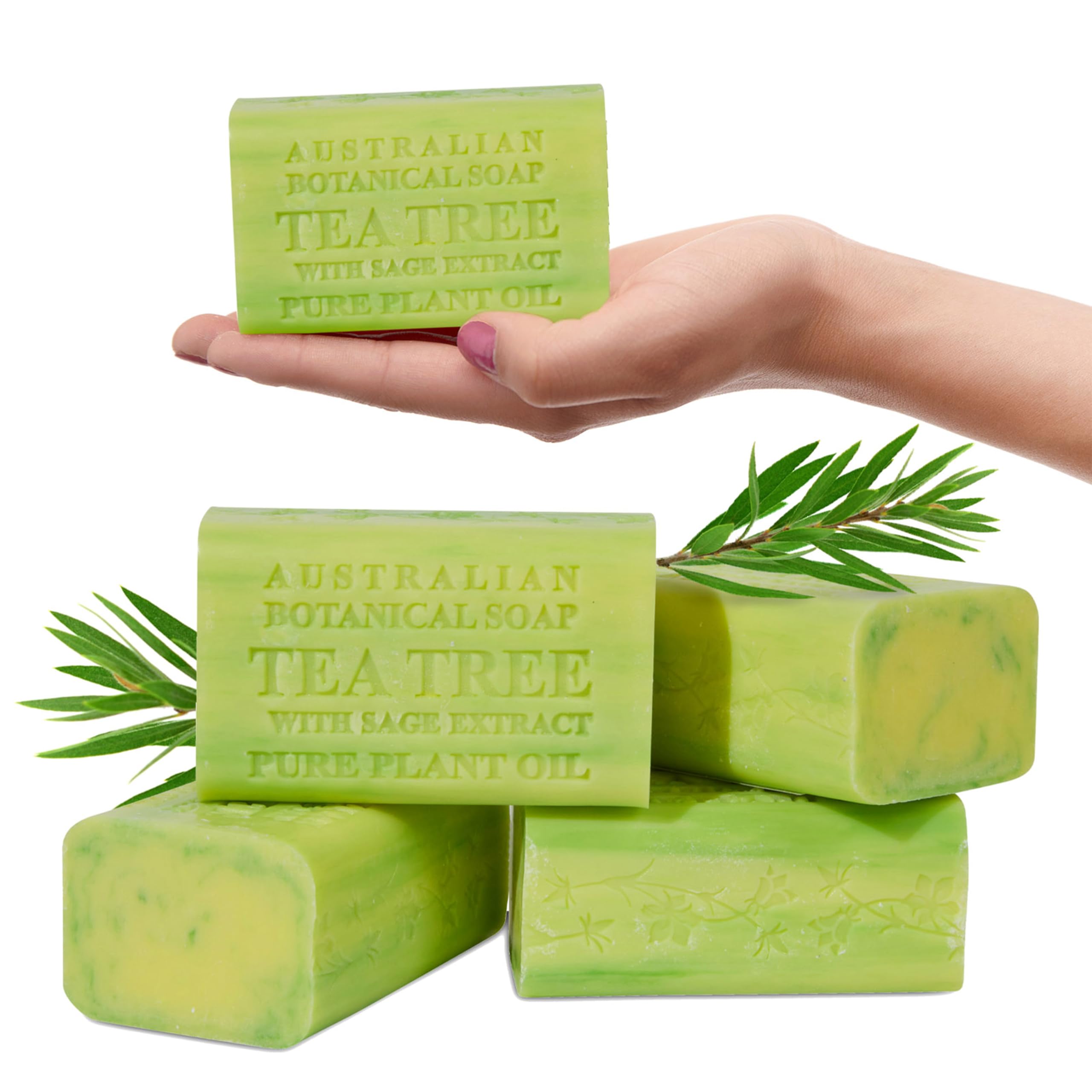 Australian Botanical Soap Tea Tree with Sage Extract – Triple Milled 6.6 oz Bar Soap with Shea Butter, Face Hand & Body Soap Bars, Pack of 4