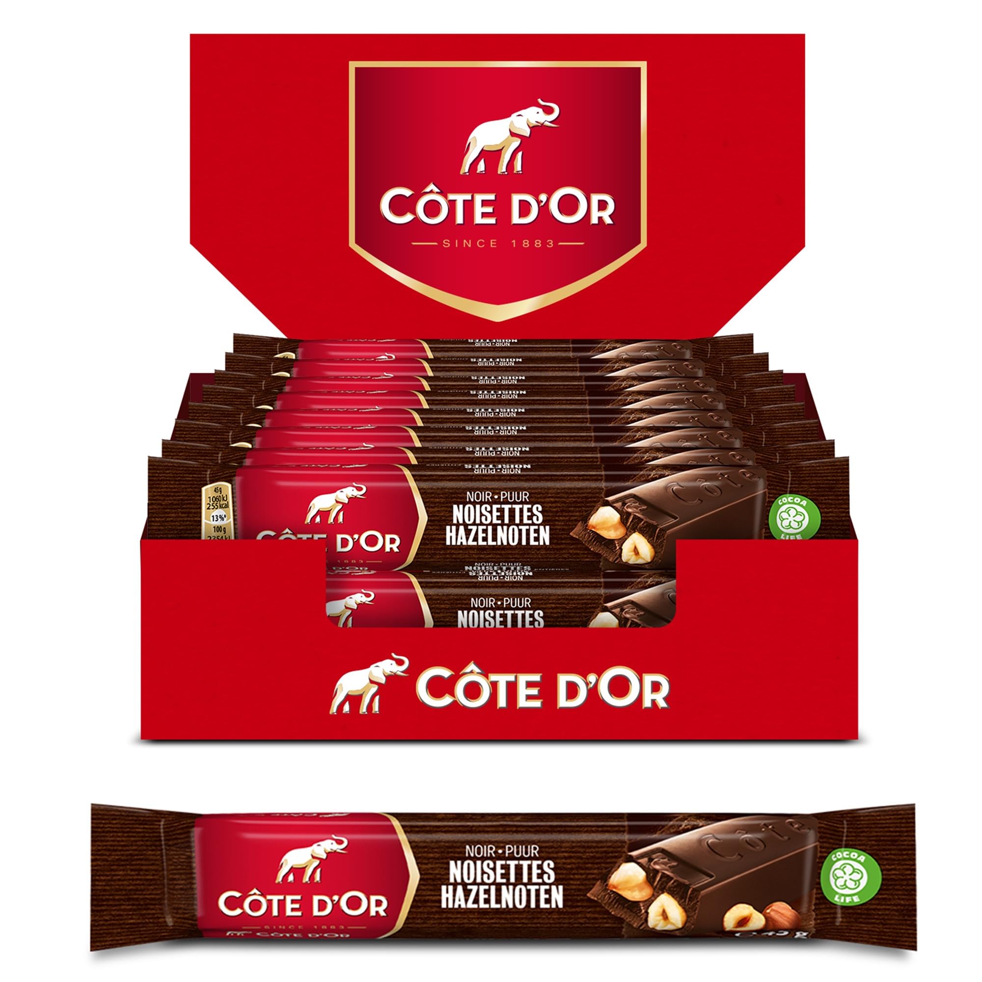Cote d'Or, Bastoncino al Cioccolato Fondente con Nocciole, Tavoletta di Cioccolato con Cacao 100% Sostenibile, 32x45g (32 monoporzioni da 45g)