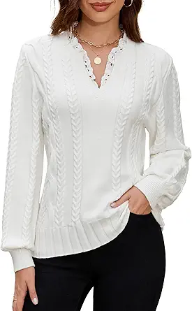 Angashion Womens Sweaters Long Sleeve Casual V Neck Jumper Tops Fall Winter Knit Pullover Sweater