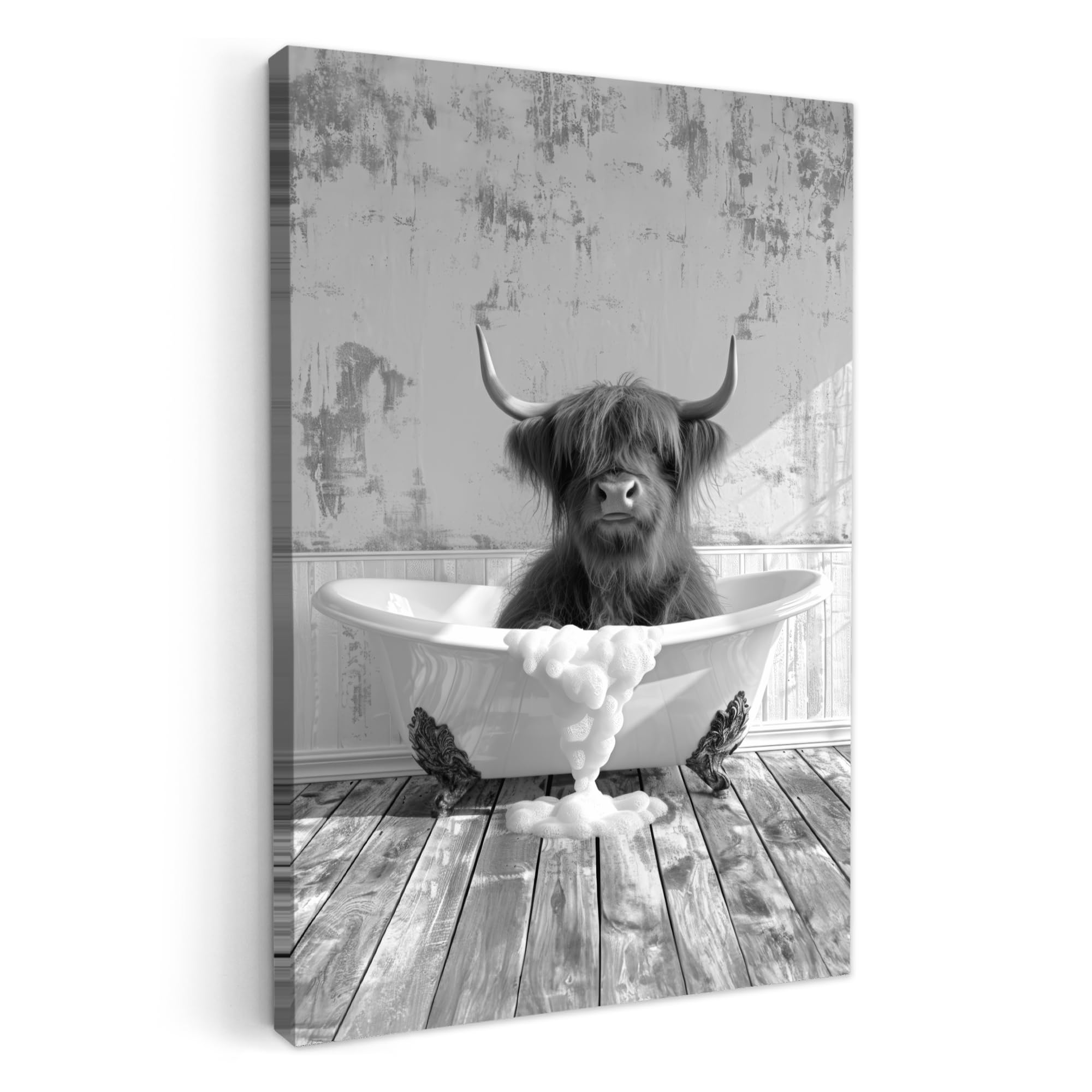 MuchoWow© Canvas Wall Art Work 60x90 cm Room Decor Painting Wallfillers Picture Decoration Prints Scottish Highlander - Cow - Vintage - Bathtub - Black and white