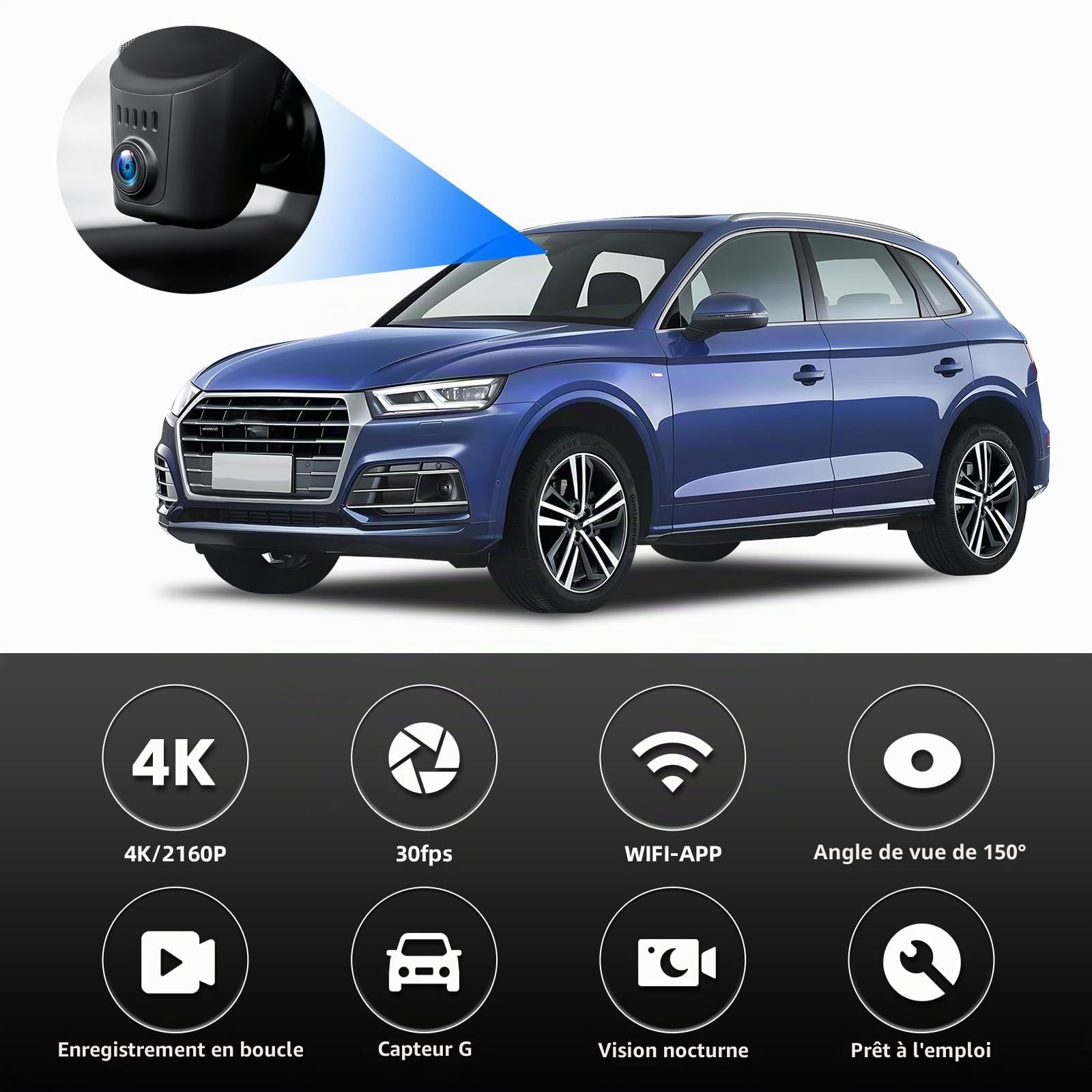 CAMECHO Dashcam 4K pour Audi A4 A3 A5 Q5 TT 2019-2026, Caméra Embarquée 2160P 30fps vidéo Wi-FI avec capteur G, Enregistrement en Boucle, Dashcam Voiture, Accessoires OEM Audi