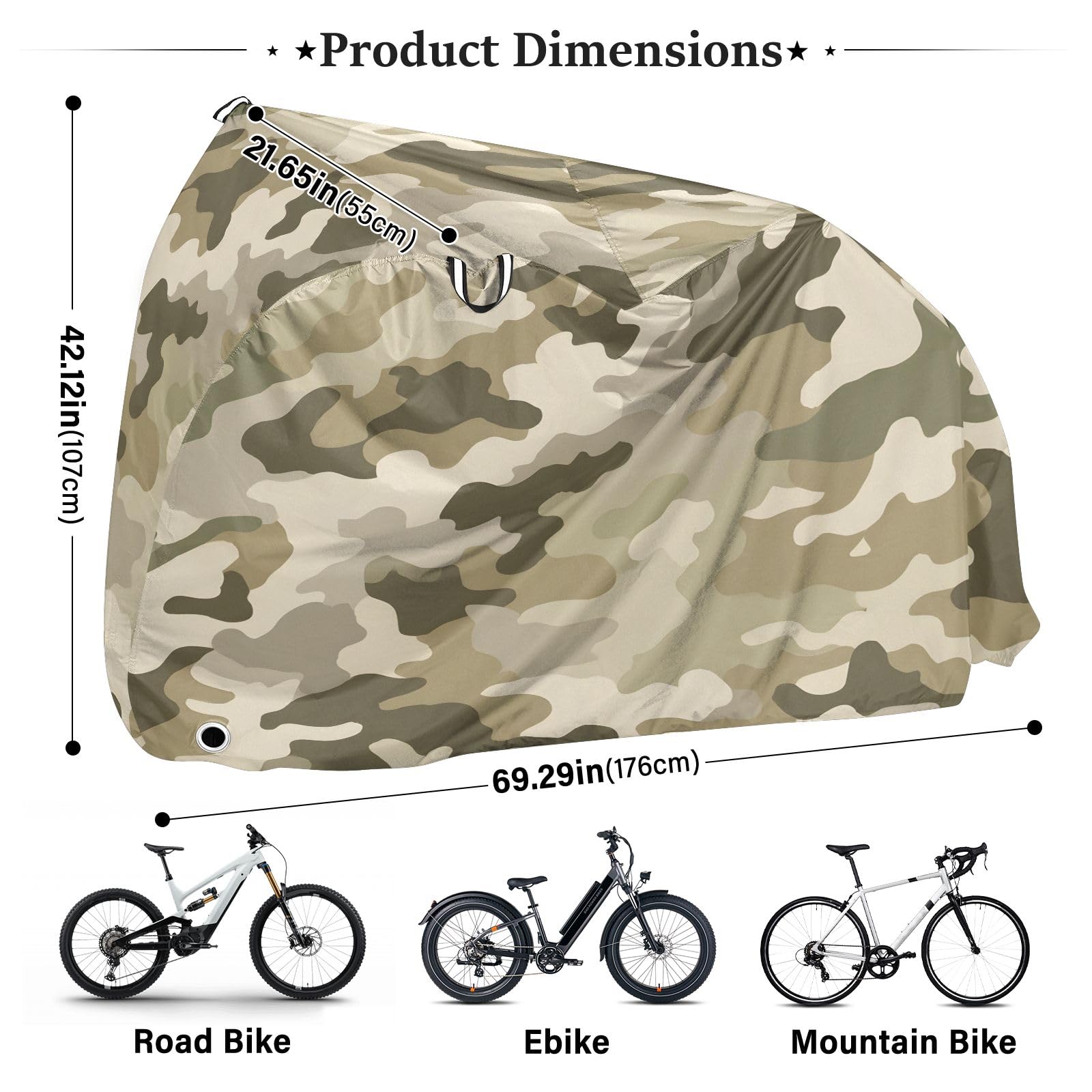 Housse de vélo imperméable pour vélo d'extérieur – Housse de pluie résistante au vent – Protection solaire pour VTT et vélo de route – Vert camouflage beige camouflage