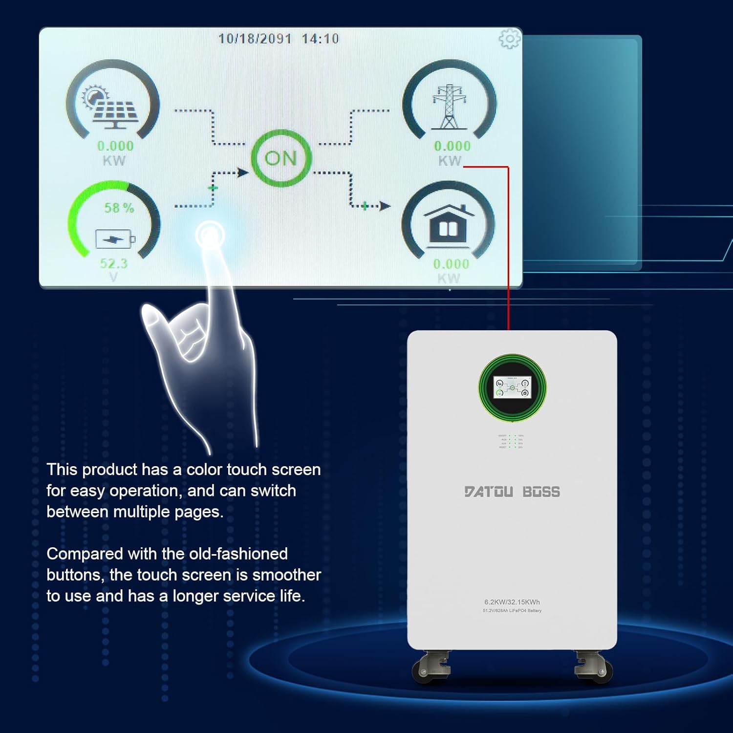 DATOUBOSS Hybrid Solar Inverter and Battery System Touch Screen Interface
