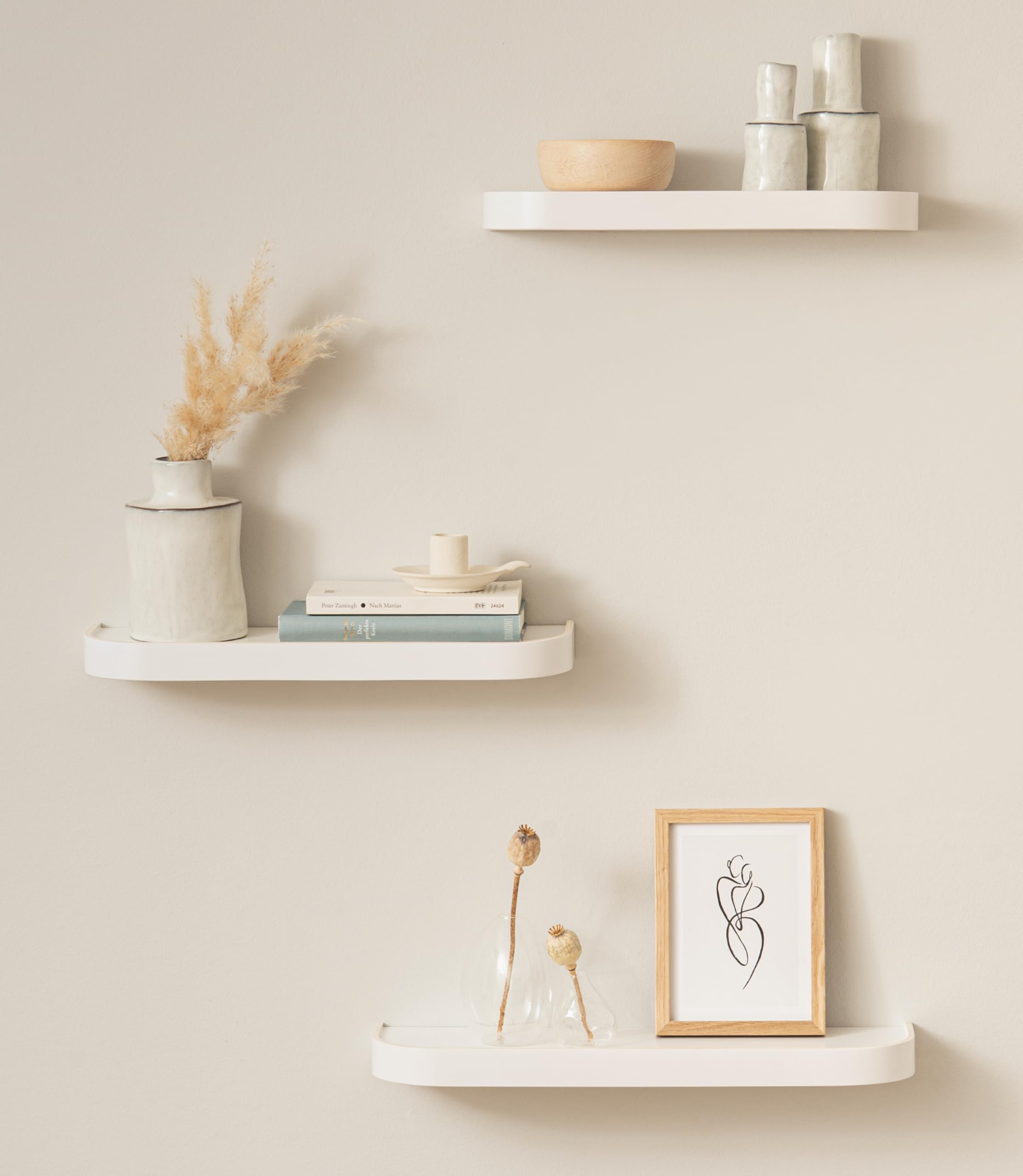 Kazai.® Wall Shelf Set 'Neva' | 3 Floating Shelves in Natural Wood Veneer | Shelf for Decoration and Storage in Bathroom, Kitchen, Living Room, Bedroom and More | White