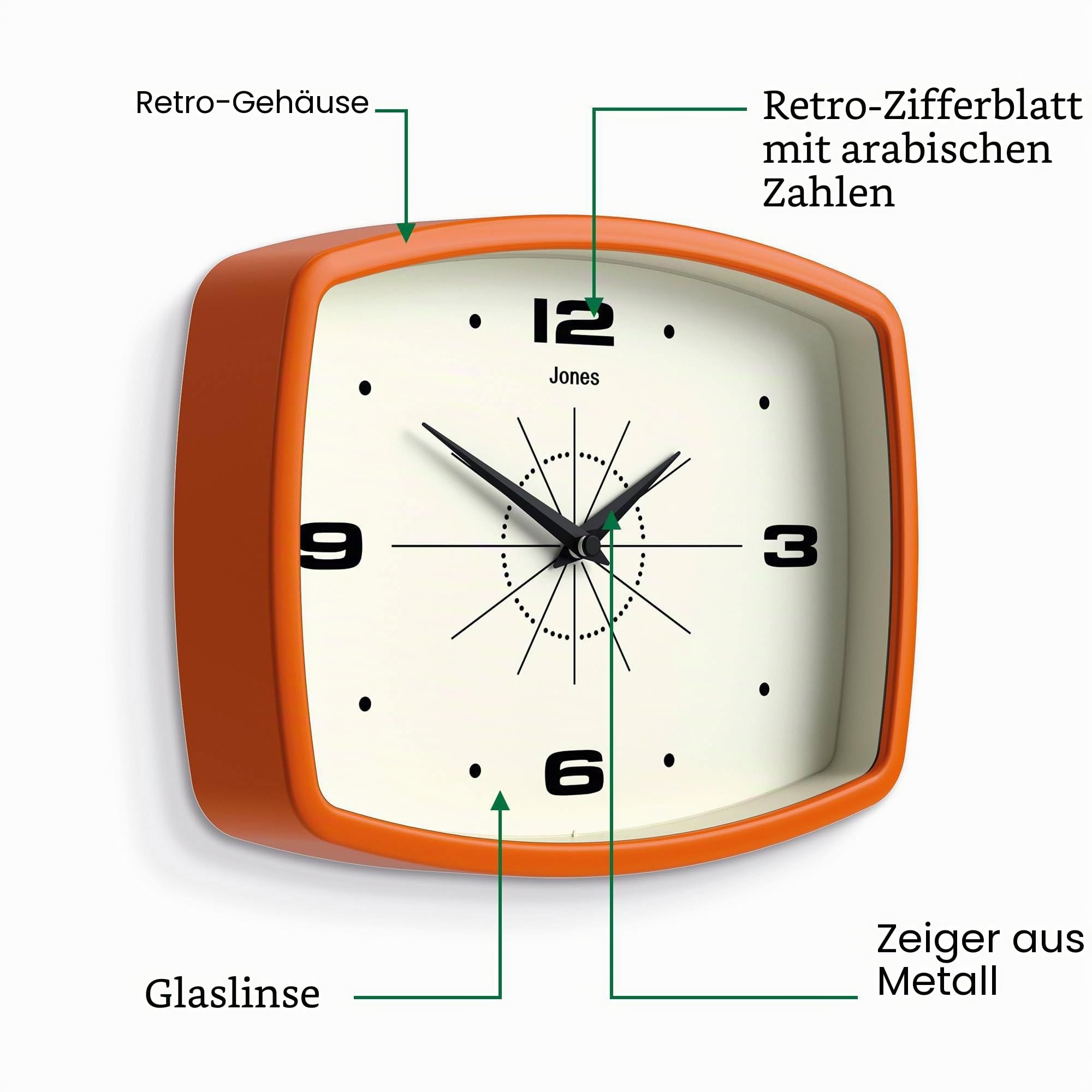 NEWGATE Jones Clocks® Movie Wanduhr | Rechteckige Retro-Uhr | 25 cm | Orange | Cooler mid-Century-Designer-Look für küche, Wohnzimmer oder büro