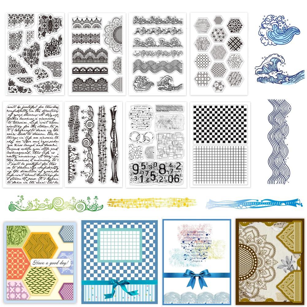 PH PandaHall 6 hojas de sellos transparentes para fondo de pintura artística, sellos transparentes decorativos transparentes para manualidades, sellos de goma para hacer tarjetas, álbumes de recortes