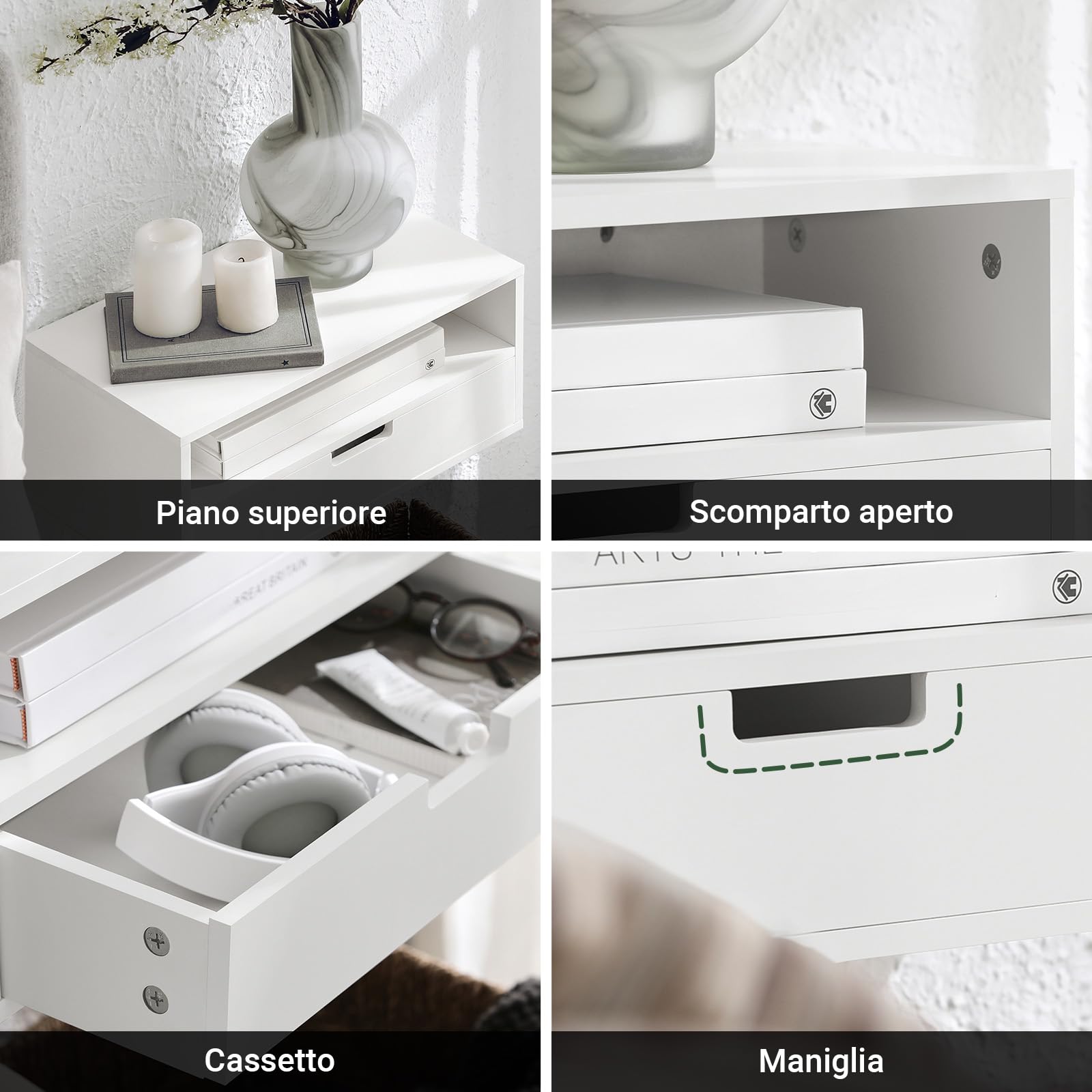 SoBuy Comodino sospeso con cassetto e mensola 45x25x22 cm | Mensola da muro con vano aperto, soluzione salvaspazio per camera e ingresso, bianco NKD03-W