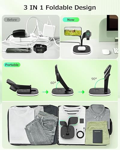 Miniatura 4 de COLSUR Estación de carga para dispositivo Apple con luz nocturna, soporte de cargador inalámbrico plegable magnético 3 en 1 para iPhone 15141312,