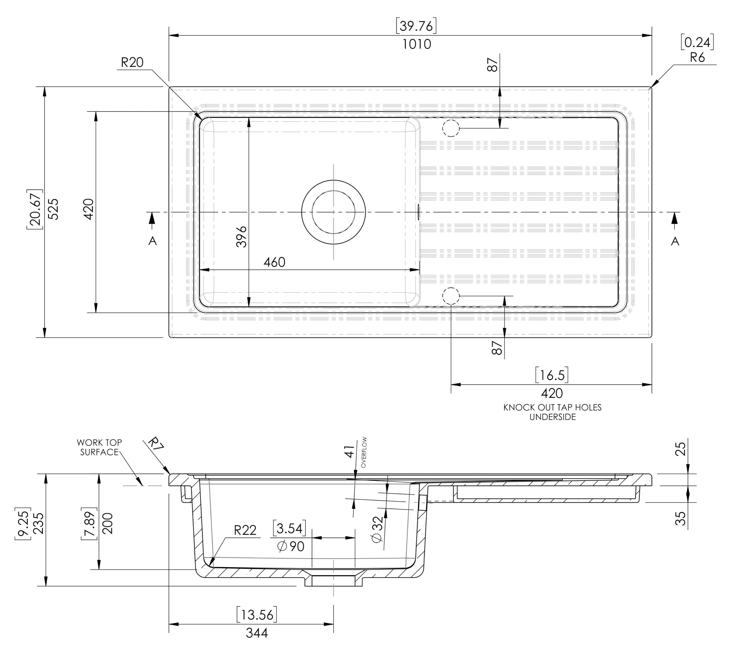 Balterley Fregadero de cocina de cerámica con escurridor y agujero de desbordamiento, cuenco de 101 cm, fregadero de cocina blanco de arcilla refractaria, fregadero de cerámica reversible de un solo