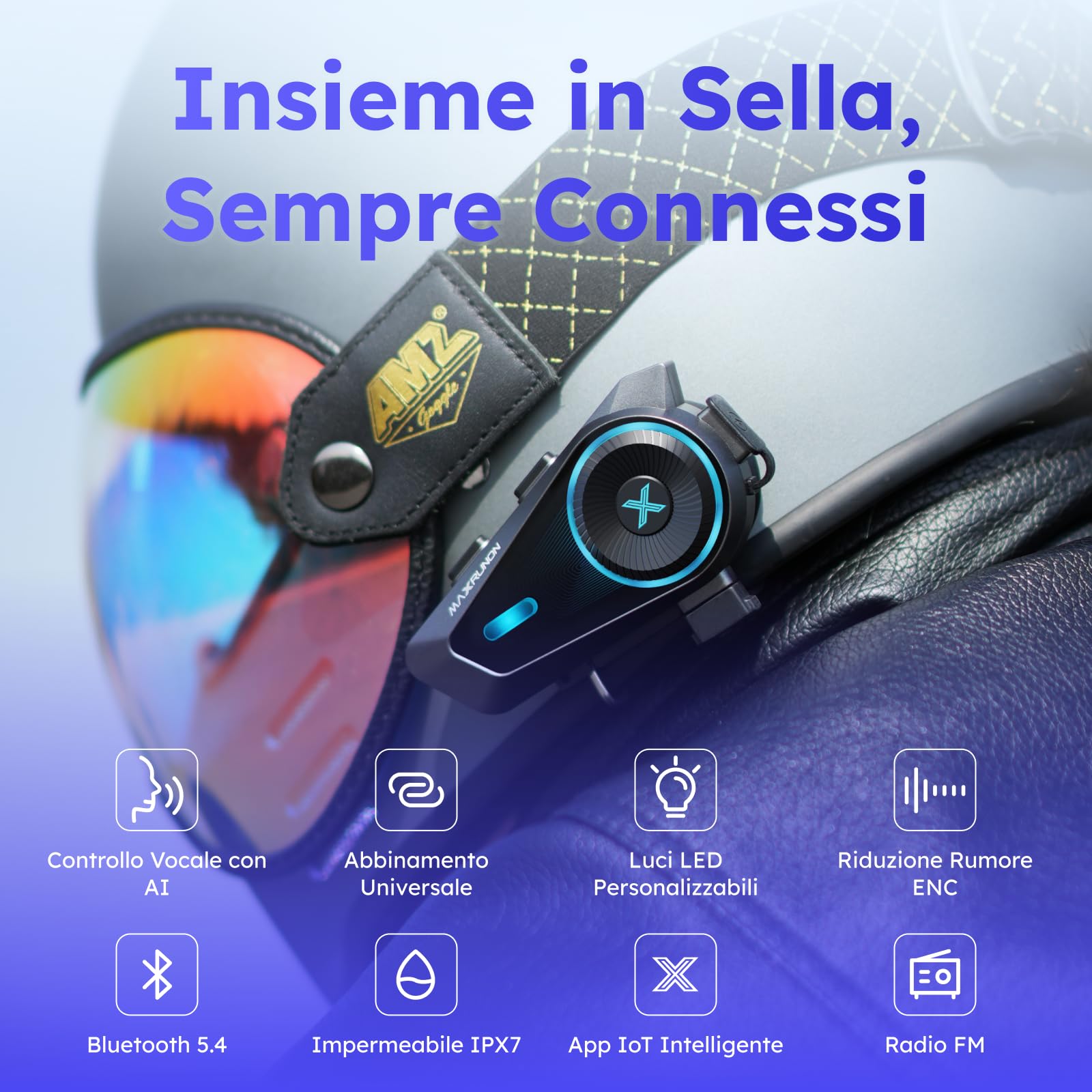 D10, cuffie Bluetooth per moto, citofono a 4 piloti, sistema di comunicazione del casco, V5.4, cancellazione del rumore ENC, controllo vocale AI, multitasking audio, radio FM, IPX7, adatto