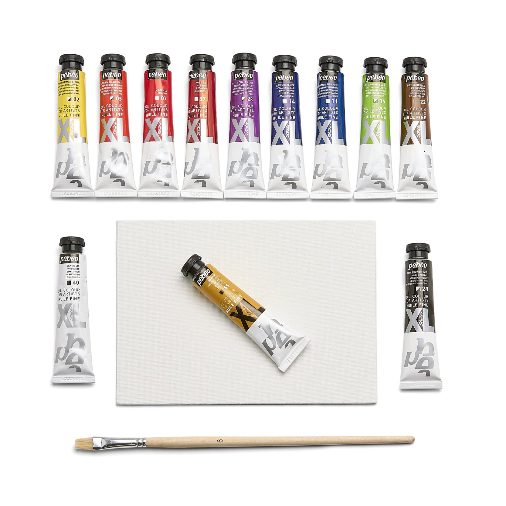 Pebeo - Studio Oil XL - Set 12 tubetti 20 Ml colori base + accessori - Kit di pittura ad olio per artisti e principianti - Pennelli + spatola + cartoncino - Colori intensi