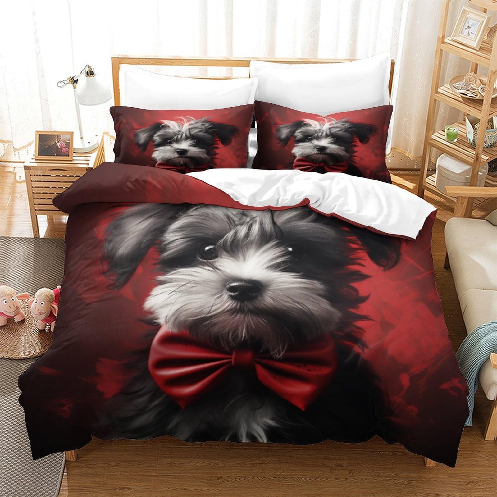 P1S9U7W5Y Chic Puppy 3D Printed Duvet Cover Set 3 Pieces Microfiber Bedroom Decor Dog Bedding Set Soft Breathable for Adults Teens Gift King（220x240cm）