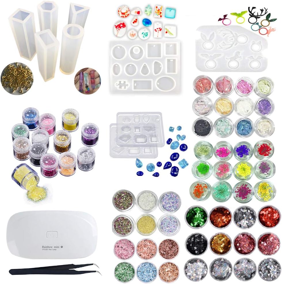 INNICON 9* Silicone Muolds 60x Sequins Set for Professional Making Decoration Sets Jewelry & Cosmetic Earrings 100 Screws Eye Pins Necklaces Gemstone Ring with Eagle UV Lamp