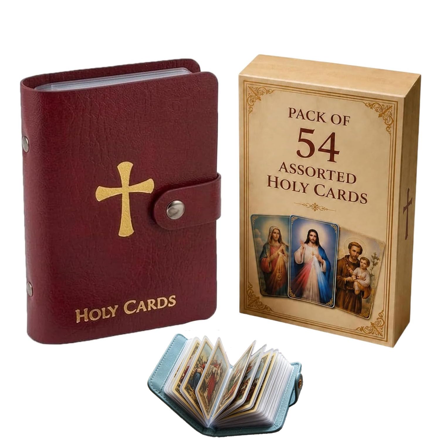 Catholic Holy Card Holder with 54 Prayer Cards, 2026 New Pocket Faux Leather Prayer Card Holder Book with Snap Button, Portable Holy Cards Holders Album for Religious Memorial (Red)
