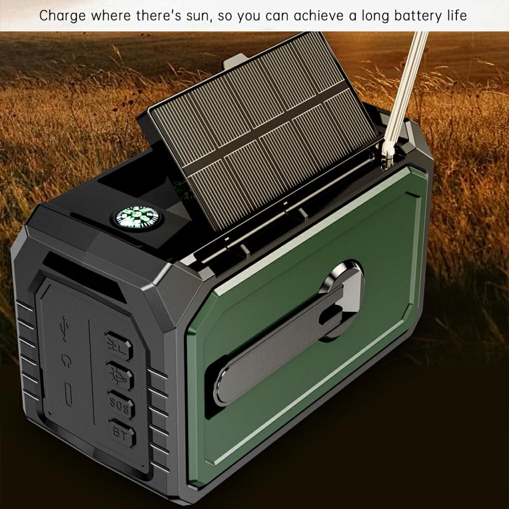 Radio FM con manivela de Mano, Clima de Emergencia, inalámbrico, ABS, Linterna LED, Potencia, BT, Linterna LED, manivela de Mano, Radio Am, Verde