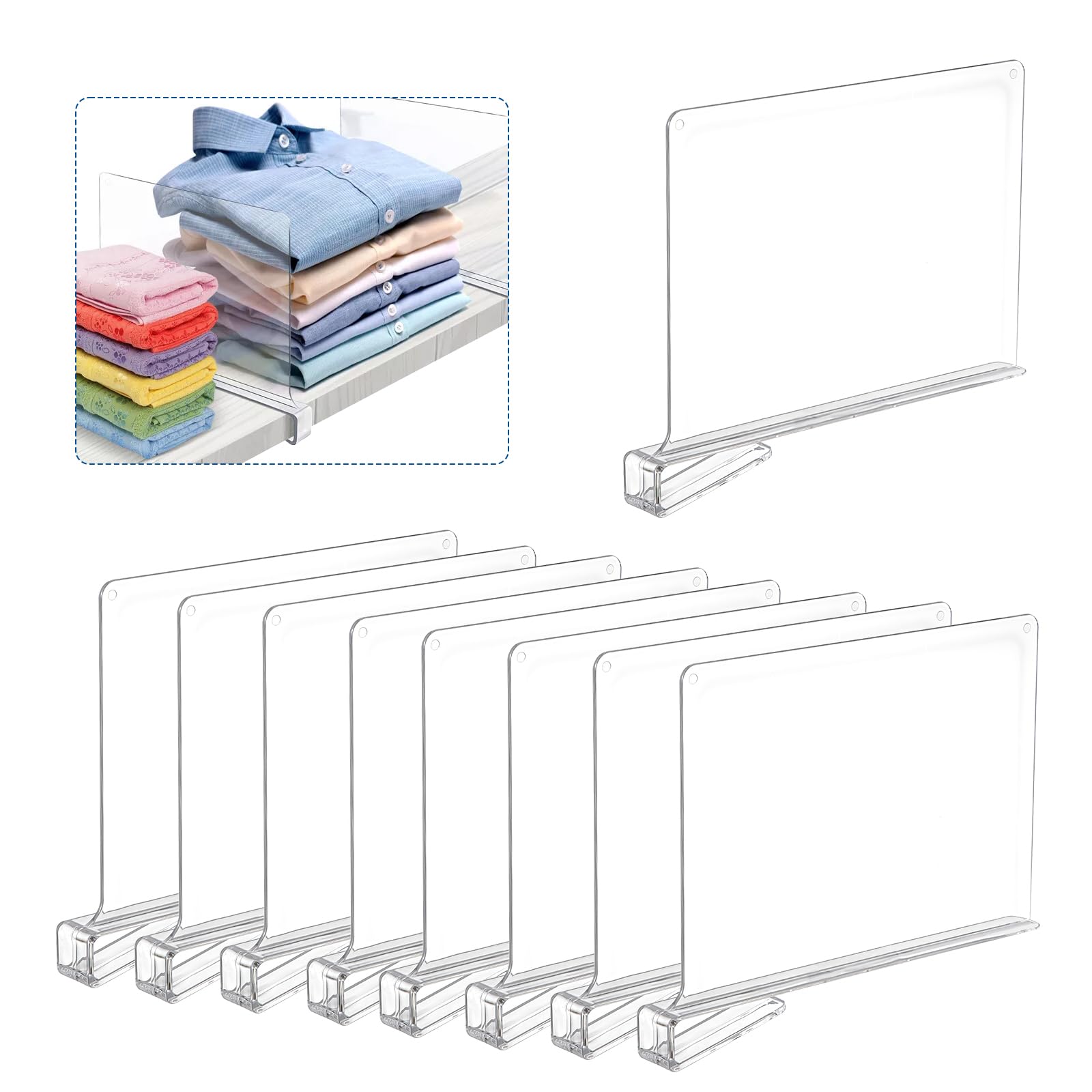Juego de separadores de estantes de 8 piezas, 30 x 20 cm, acrílico transparente, multifuncional, para dormitorio, cocina, oficinas y más
