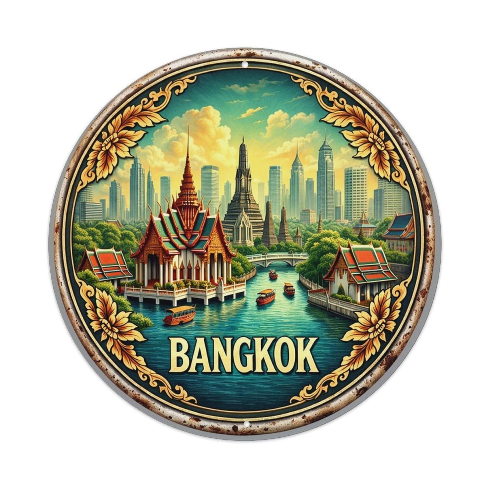 Bangkok Cityscape Vintage Souvenir Magnet Vintage Metal Tin Sign Retro Wall Decor for Home Bar Garage Cafe, Indoor & Outdoor Decorative，circle Metal Poster, 8x8 Inch