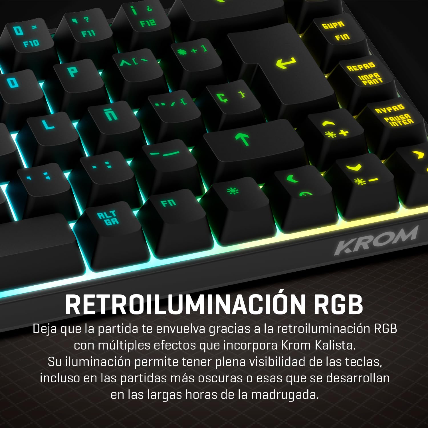 KROM Kalista - Teclado Gaming de Membrana RGB Rainbow, Formato 62%, Modo Gaming, N-19 Anti-ghosting, Windows | Mac, Layout español, Negro