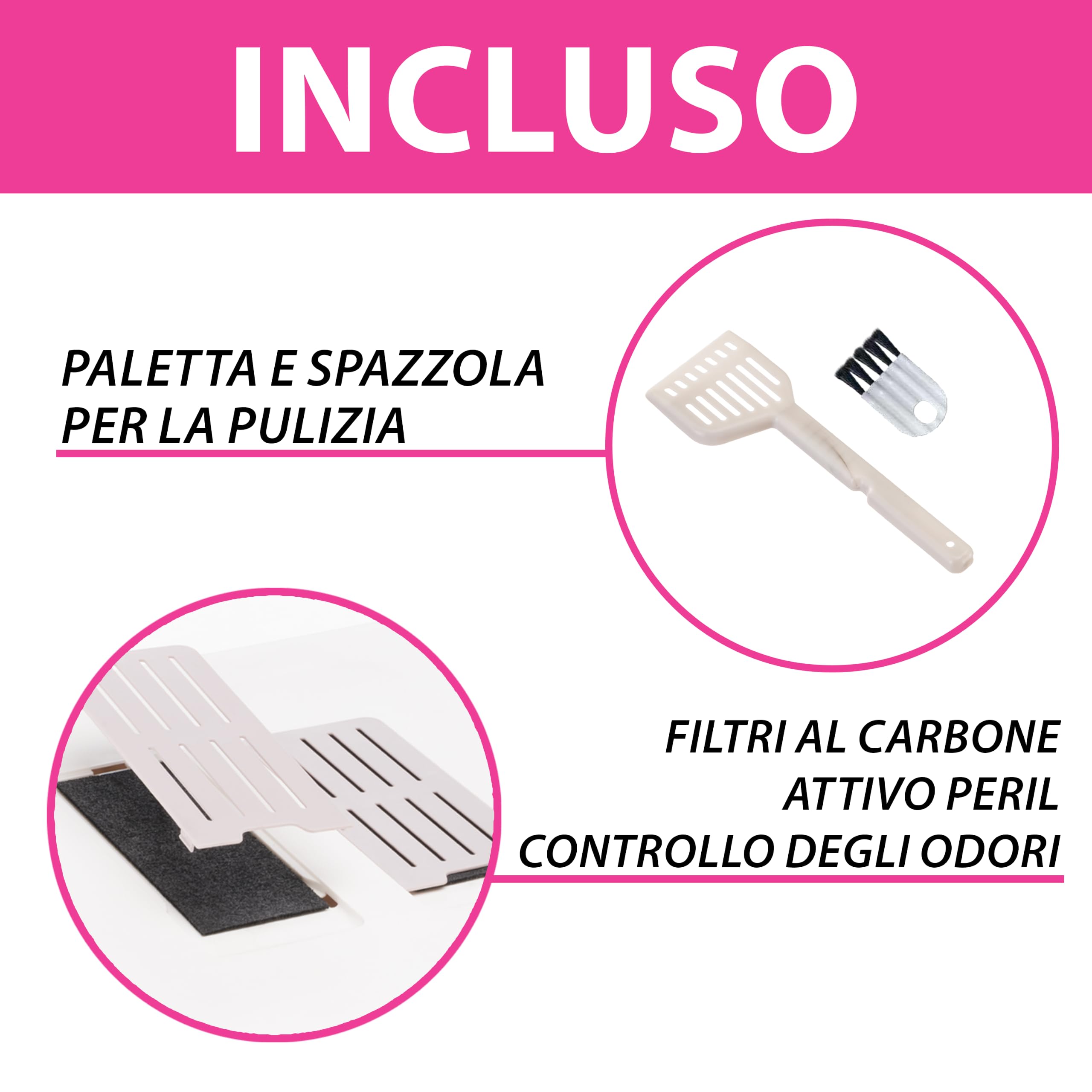 Ferplast Lettiera Gatto Chiusa Antiodore Antisporco Facile da Pulire, Rosa | 2 Filtri al carbone attivo che eliminano gli odori, griglia raccogli lettiera anti-perdite, paletta e spazzolina inclusi