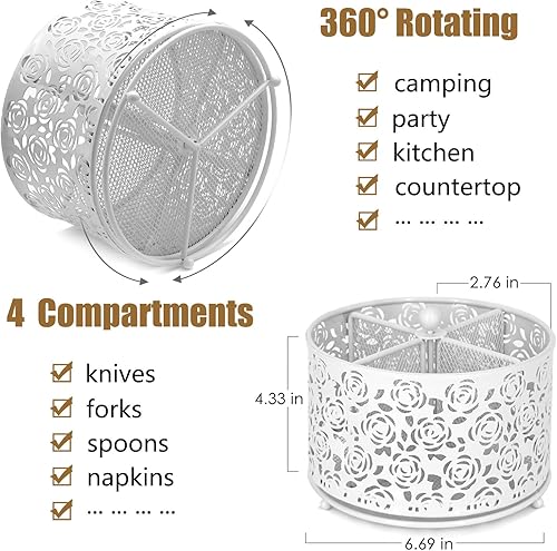 Miniatura 2 de Organizador de cubiertos de metal giratorio de 360, 4 compartimentos, soporte para cubiertos, tenedor, cuchara, servilleta, organizador de