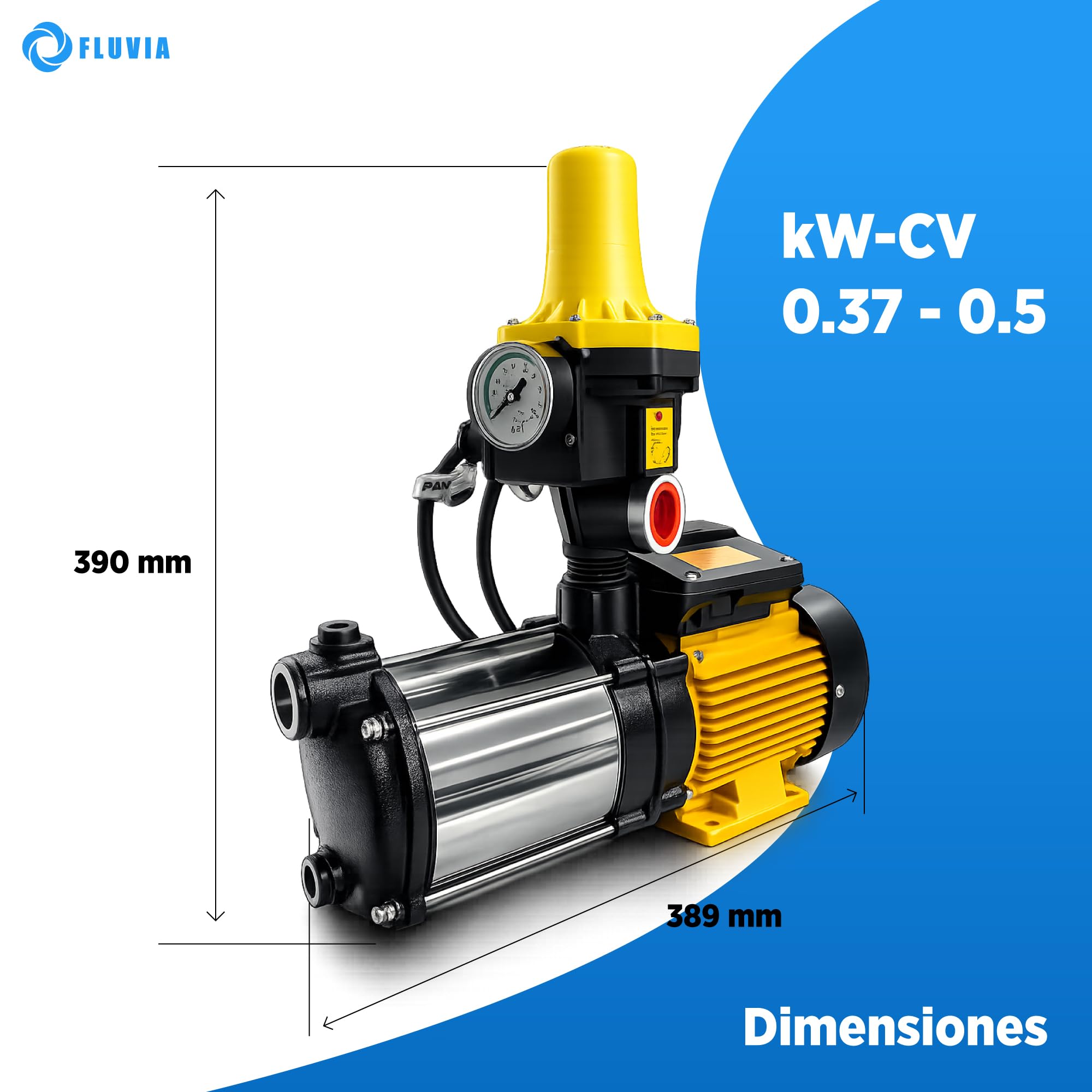 Gruppo di pressione dell'acqua 0,37 kW - 0,5 CV automatico con regolatore - Pompa dell'acqua pressurizzatrice domestica per casa, giardino e irrigazione, sistema automatico di pressione · Fluvia