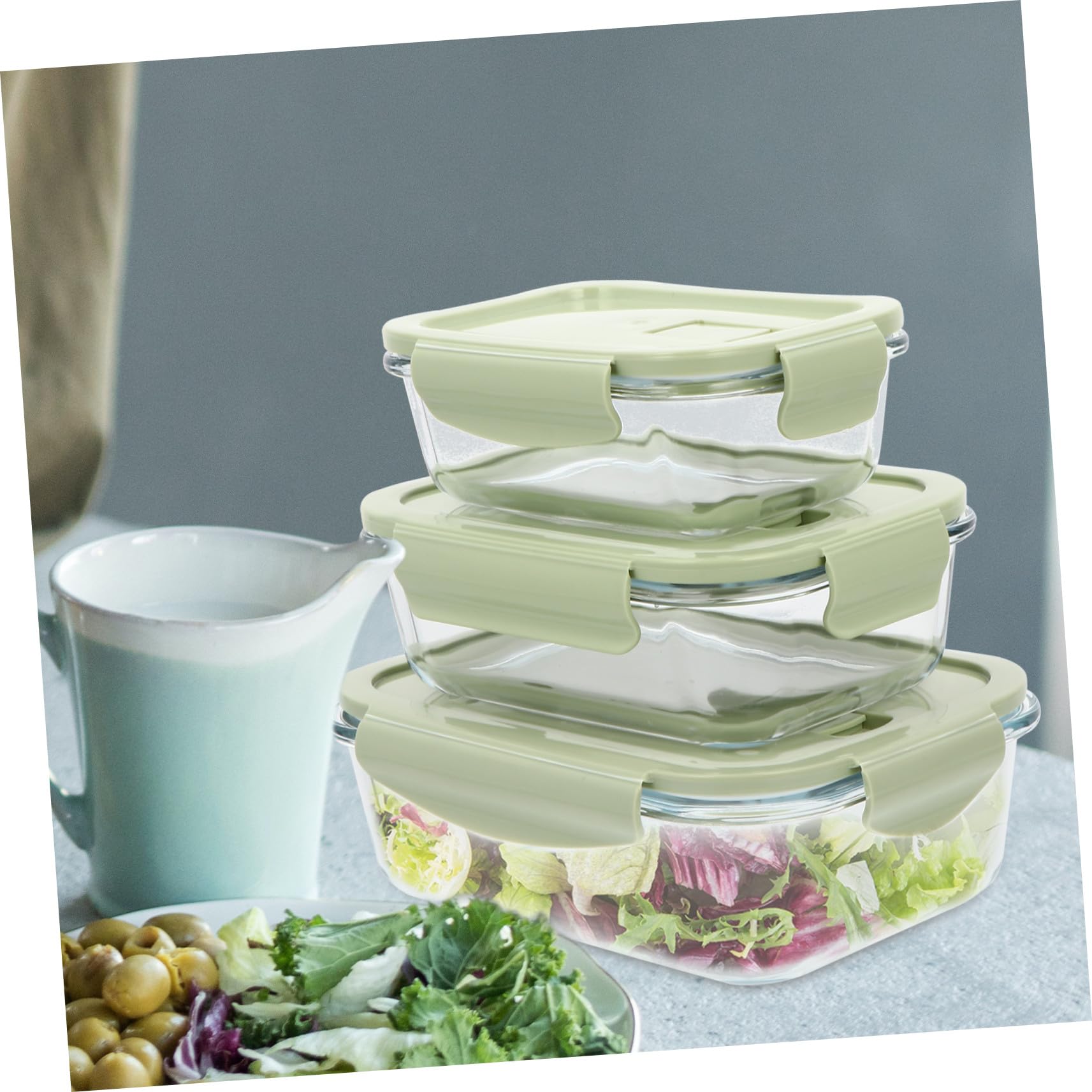 Boîte à Bento en Verre 3 Pièces Vert, Résistante aux Produits Chimiques