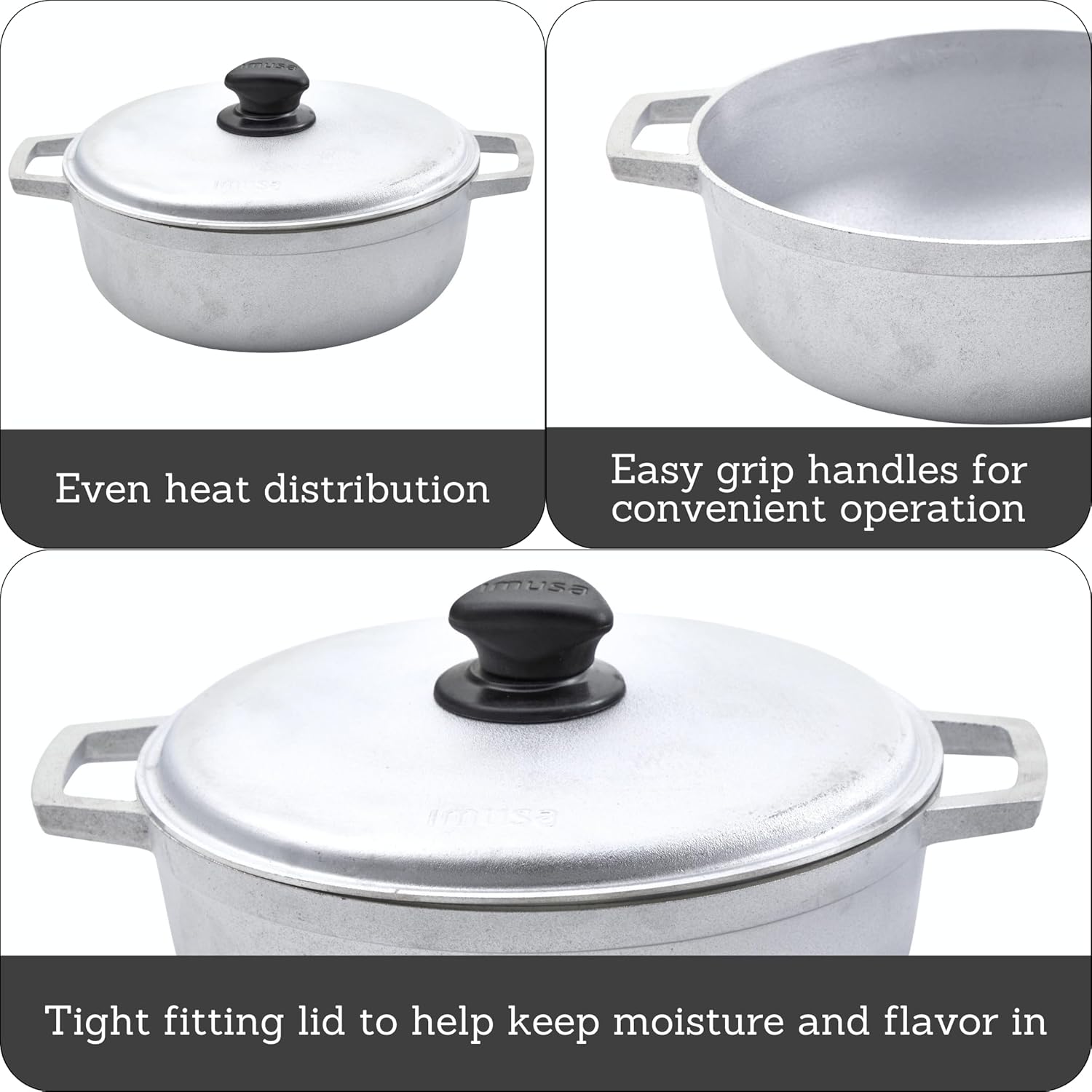 Close-up of the caldero highlighting even heat distribution, easy grip handles, and tight-fitting lid.