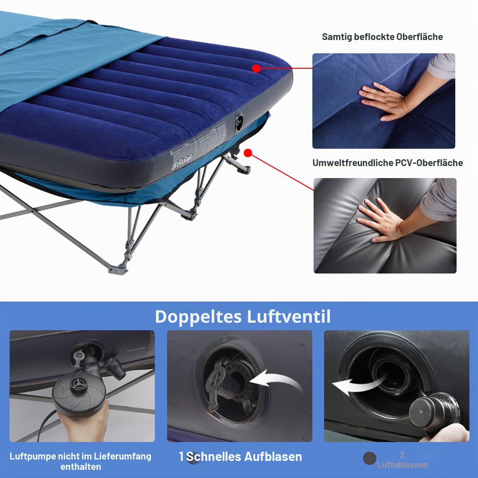 KAMPKEEPER Campingbett, zusammenklappbares Campingbett mit aufblasbarer Luftmatratze und Tragetasche, für Outdoor-Reisen