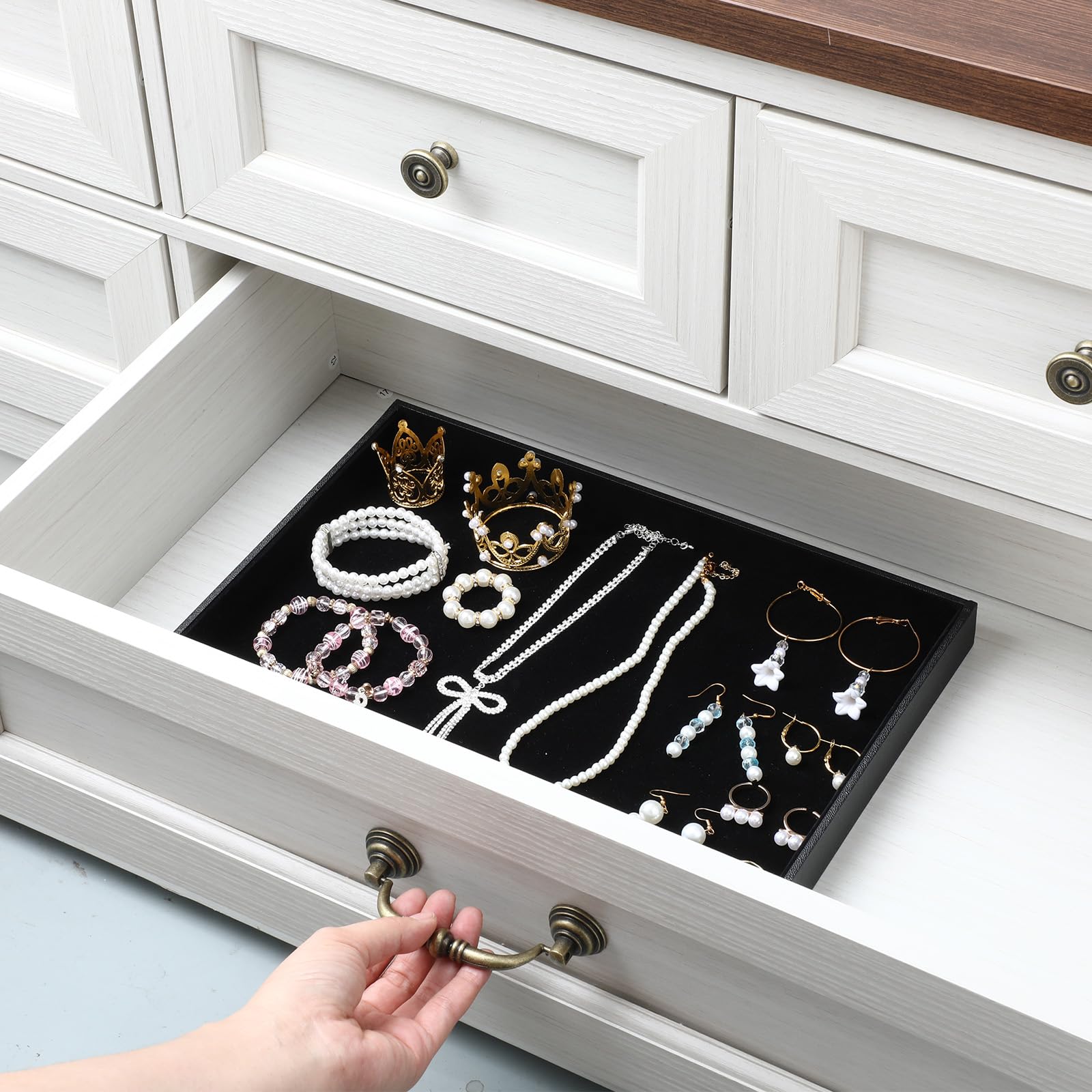 JJUNW Lot de 6 plateaux à bijoux empilables en velours noir, plateau de rangement pour bijoux, bracelets, bagues, boucles d'oreilles, colliers, tiroirs, comptoirs