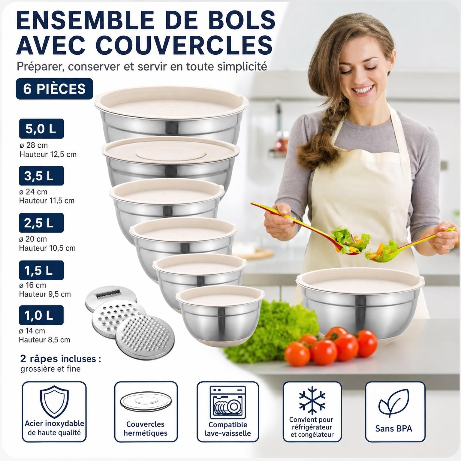 Lot de Bols mélangeurs en INOX 26 pièces - Bol à pâte - Bol à mélanger - Bol mixeur - Bol mélangeur - avec Couvercle Anti-éclaboussures - Couvercles hermétiques - Accessoires râpe