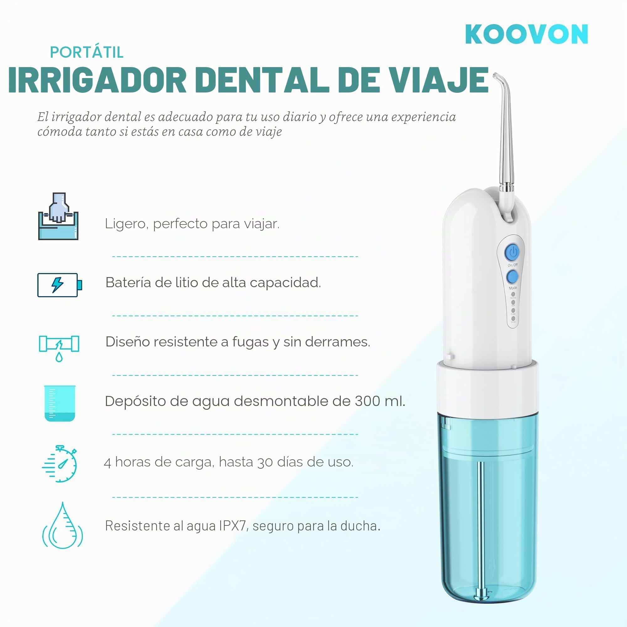GEEDIAR Irrigador Bucal Portatil - 5 Boquillas, 4 Modos, 150ML, IPX7 Impermeable, Recargable USB-C, Limpieza Profunda para Dientes y Encías, Ideal para Hogar y Viajes, Azul