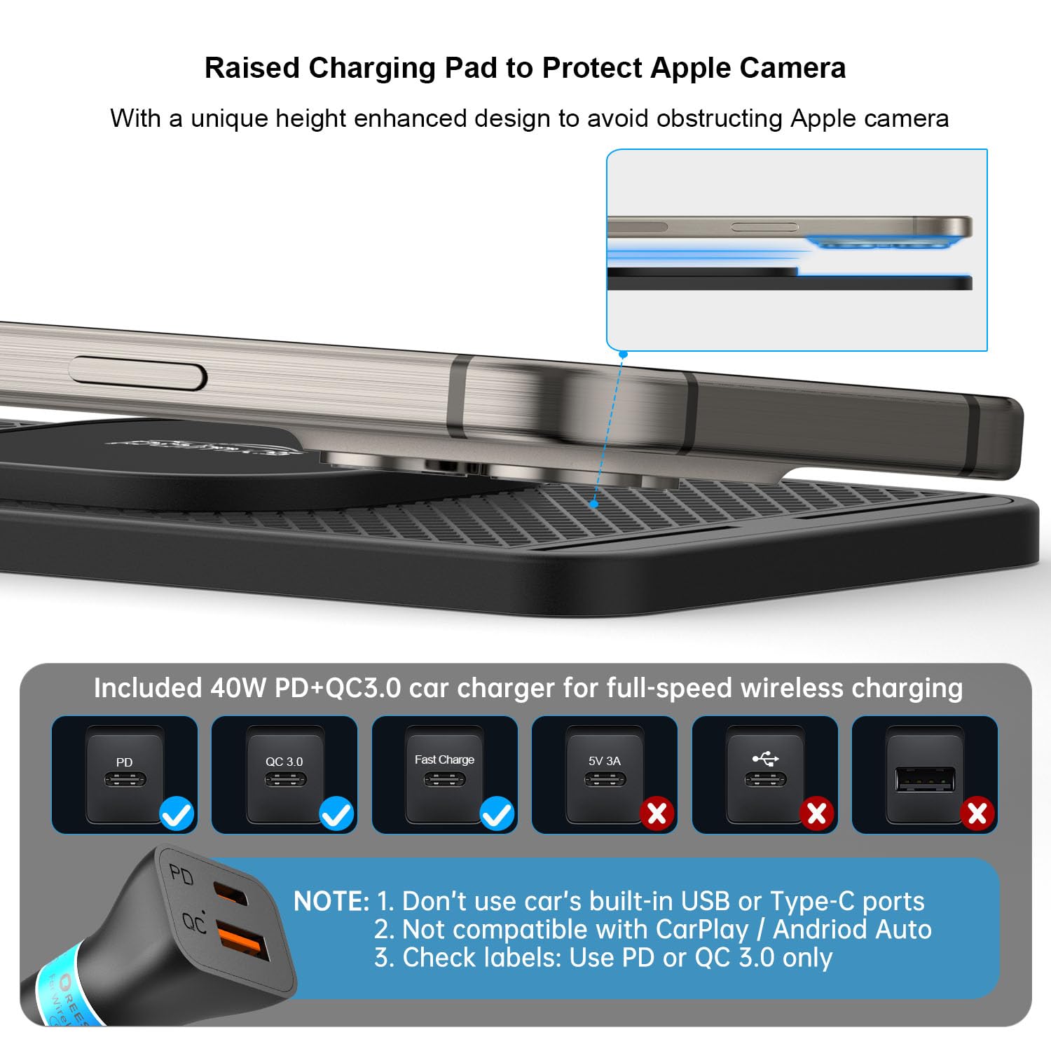 Magnetyczna bezprzewodowa ładowarka samochodowa, REESTECQI bezprzewodowa podkładka ładująca 15 W do ładowarki Magsafe, bezprzewodowa ładowarka do samochodu, antypoślizgowa, typ C, z ładowarką