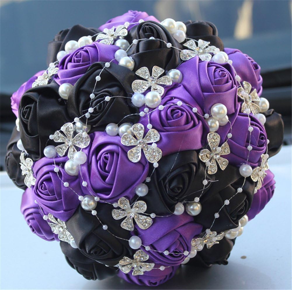 Advanced Customization Romantic Bride Wedding Holding Bouquet Roses with Diamond Pearl Ribbon Valentine's Day Bouquet Confession Many Colors for Choose 18cm (Purple+Black)