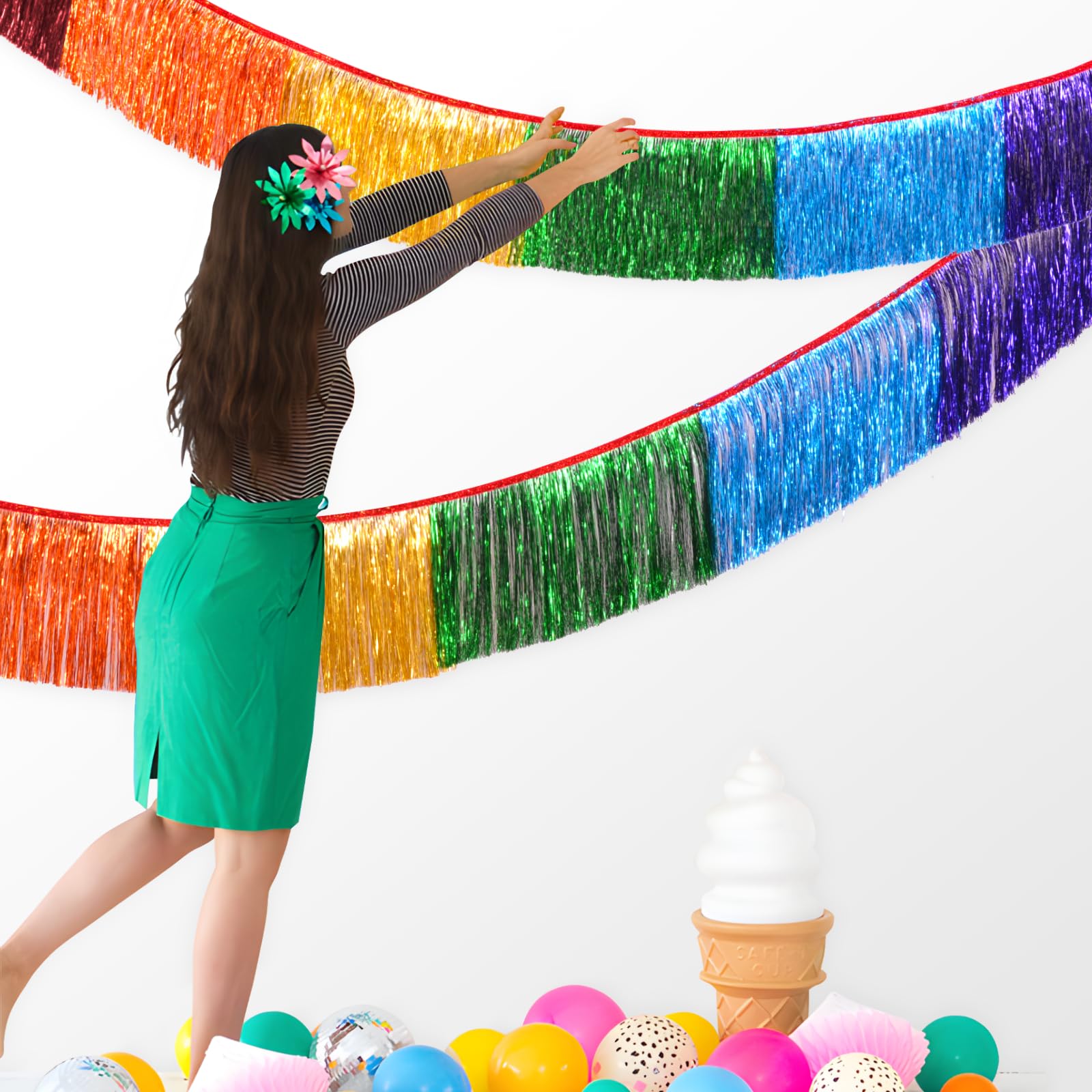 LOLStar Regenbogen-Lametta-Girlande, Metallic-Glitzer-Folien-Fransengirlande, hängende Regenbogen-Banner, Tischröcke für Geburtstag, Stolz, Parade, schwimmt